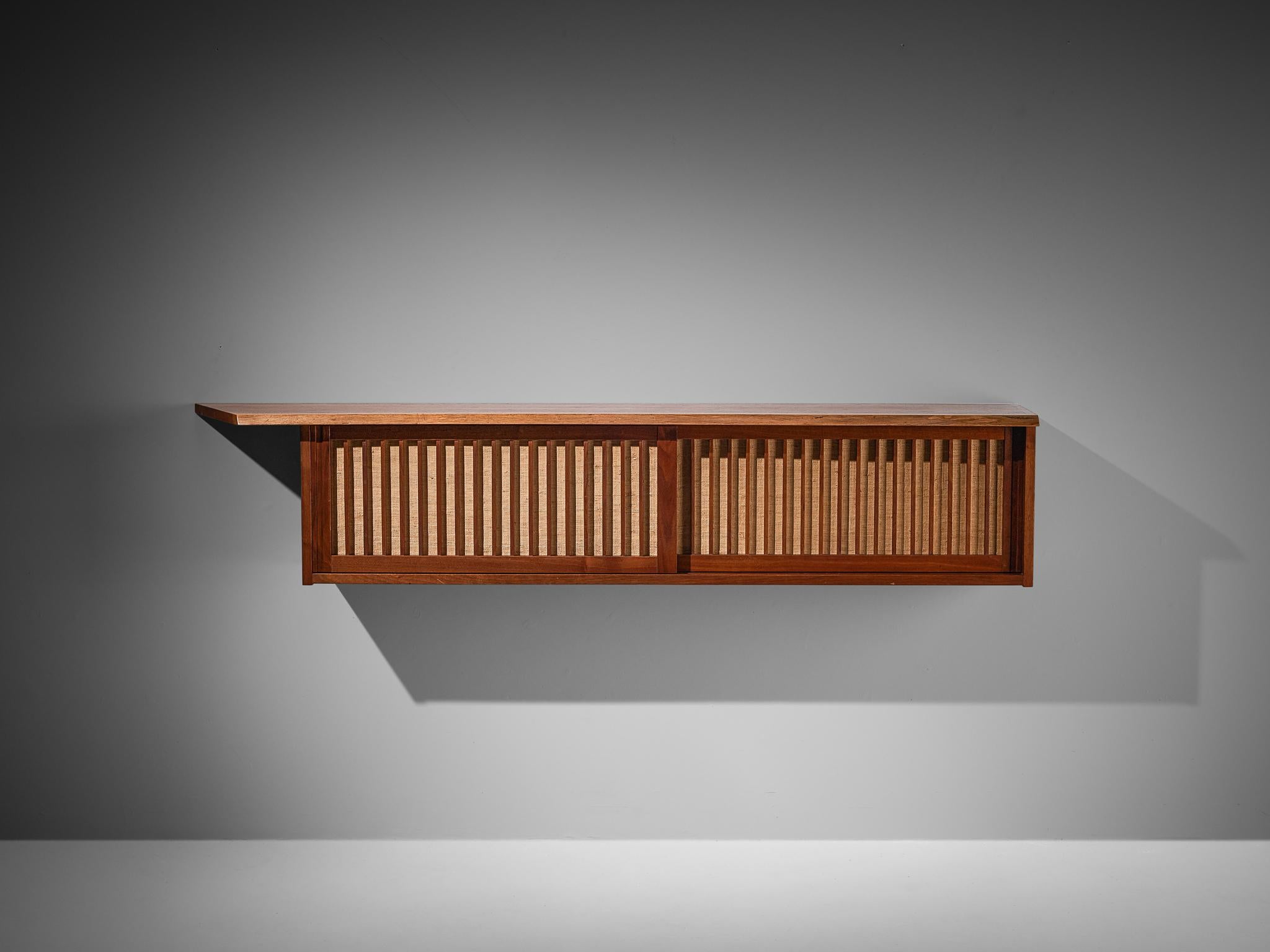 Mid-Century Modern George Nakashima Wall-Mounted Sideboard in Walnut and Pandanus Cloth  For Sale