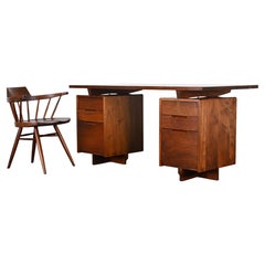 George Nakashima Walnut Two Pedestal Desk With Captains Chair 1961