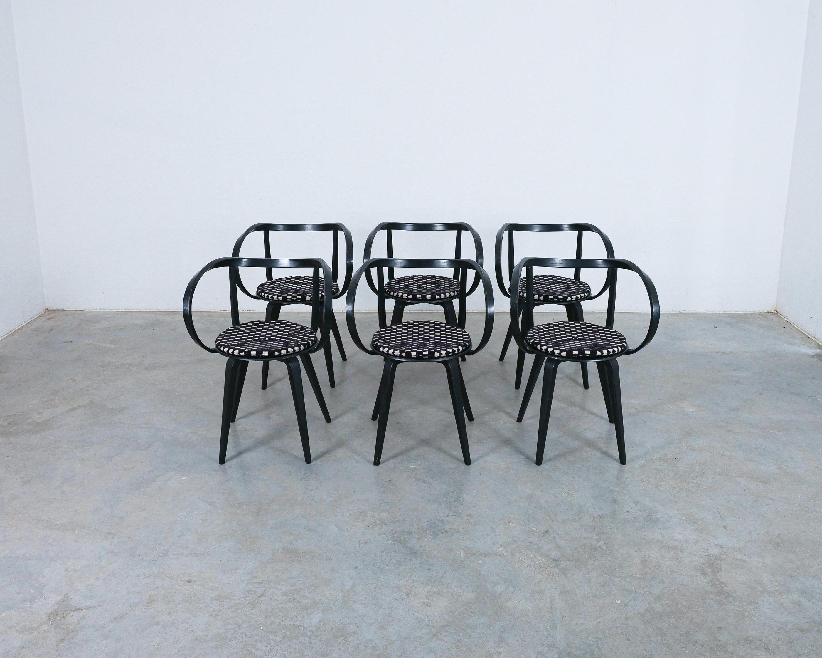 George Nelson pretzel chairs Model # 5890, manufactured for ICF (labelled)

A rare set of six ''Pretzel'' armchairs with newly upholstered cushions, made from laminated wood by ICF De Padova in Italy between 1984 and 1986. Originally designed for