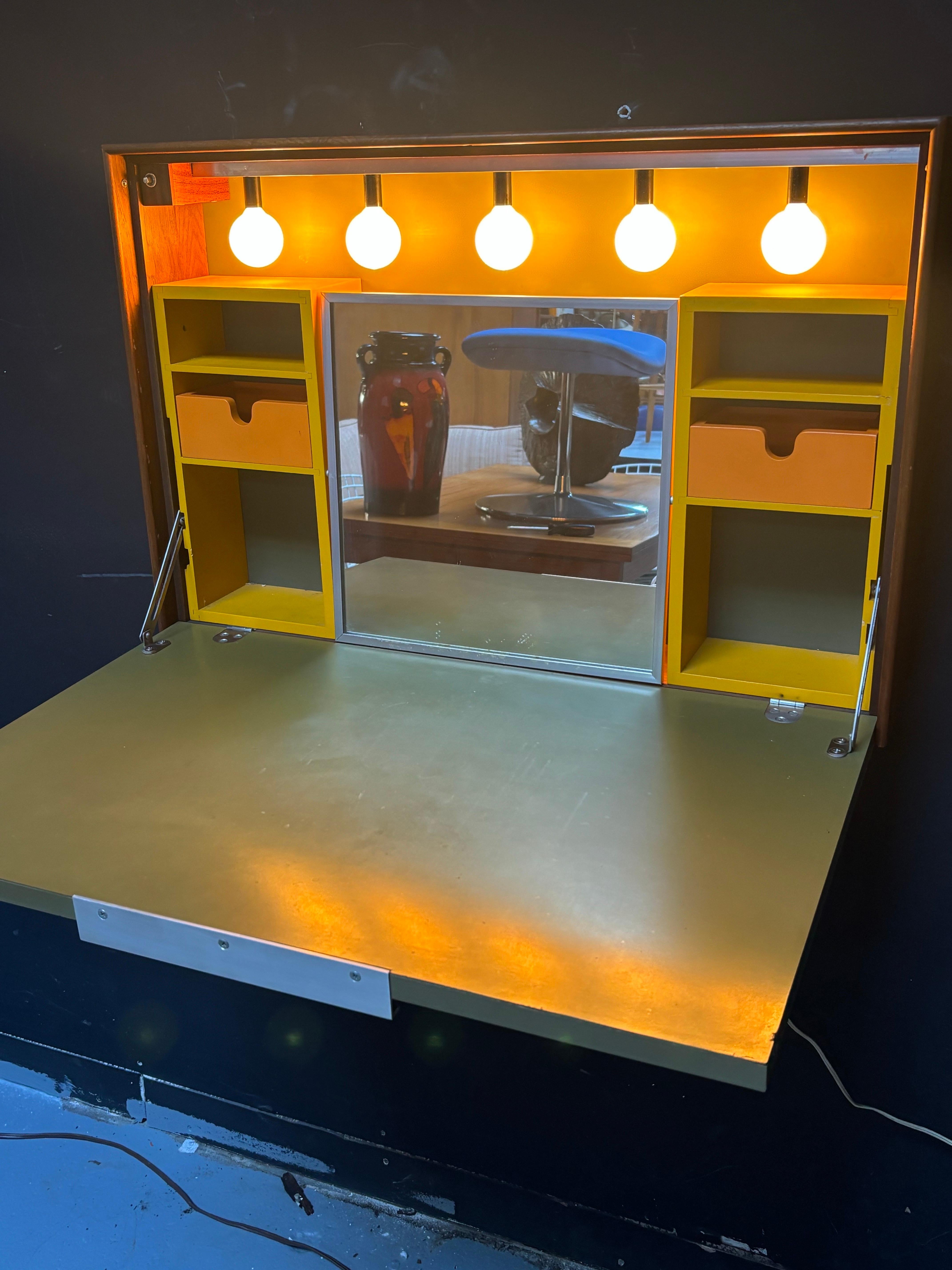 Vanité suspendue de George Nelson et d'Alexander Girard à éclairage tombant.  Belle conception graphique sur la face avant.  Le panneau s'ouvre pour révéler un miroir, des petits tiroirs et des lumières qui s'allument lorsqu'on l'ouvre !  Acheté aux