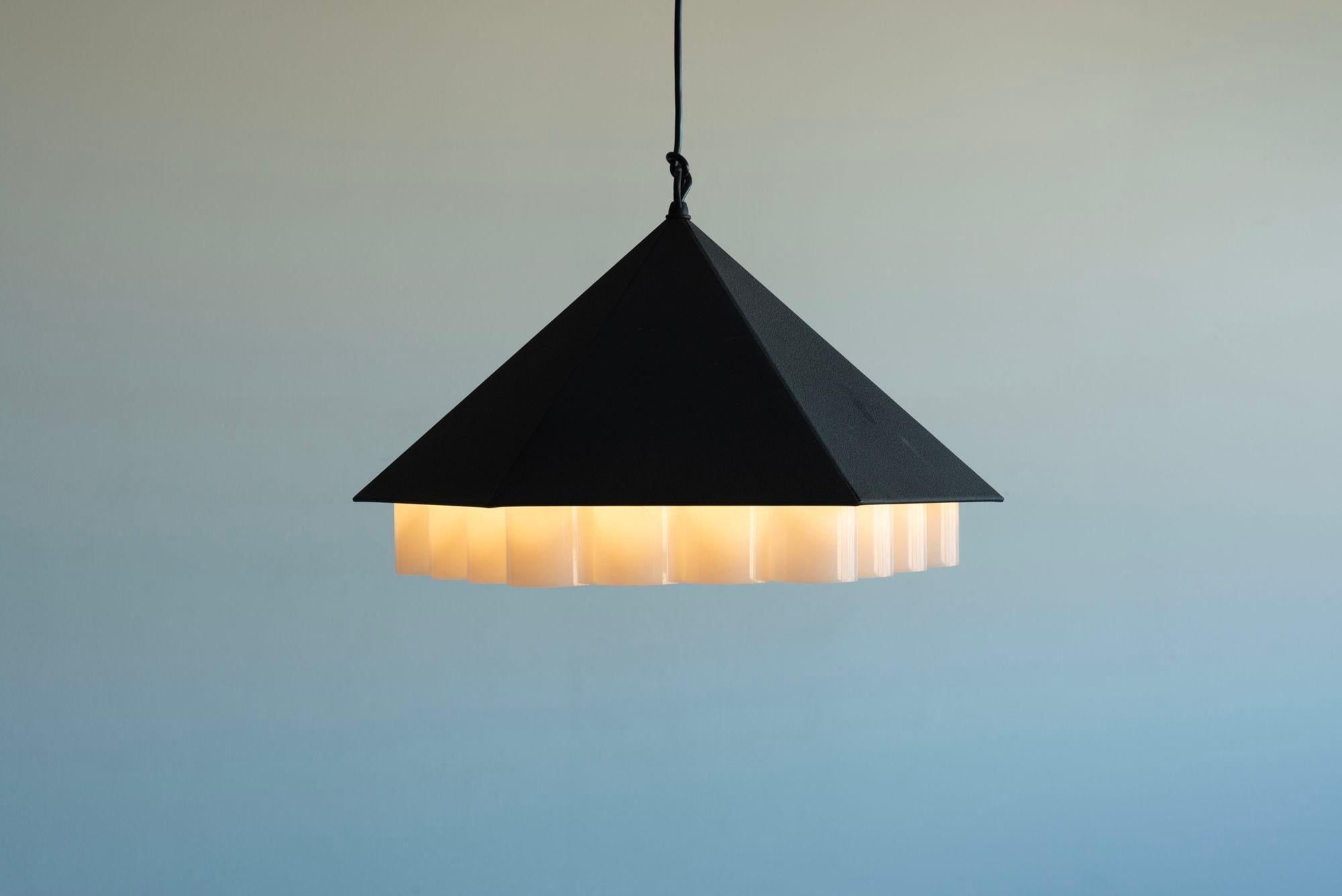 George Nelson & Associates Beehive Pendant Lamp: Designed by Lucia DeRespinis (1960) for George Nelson's office for Nessen Studio, Textured enameled metal hexagonal shaped pyramid with Honeycomb light diffuser.
Long 6' heavy cord that can be