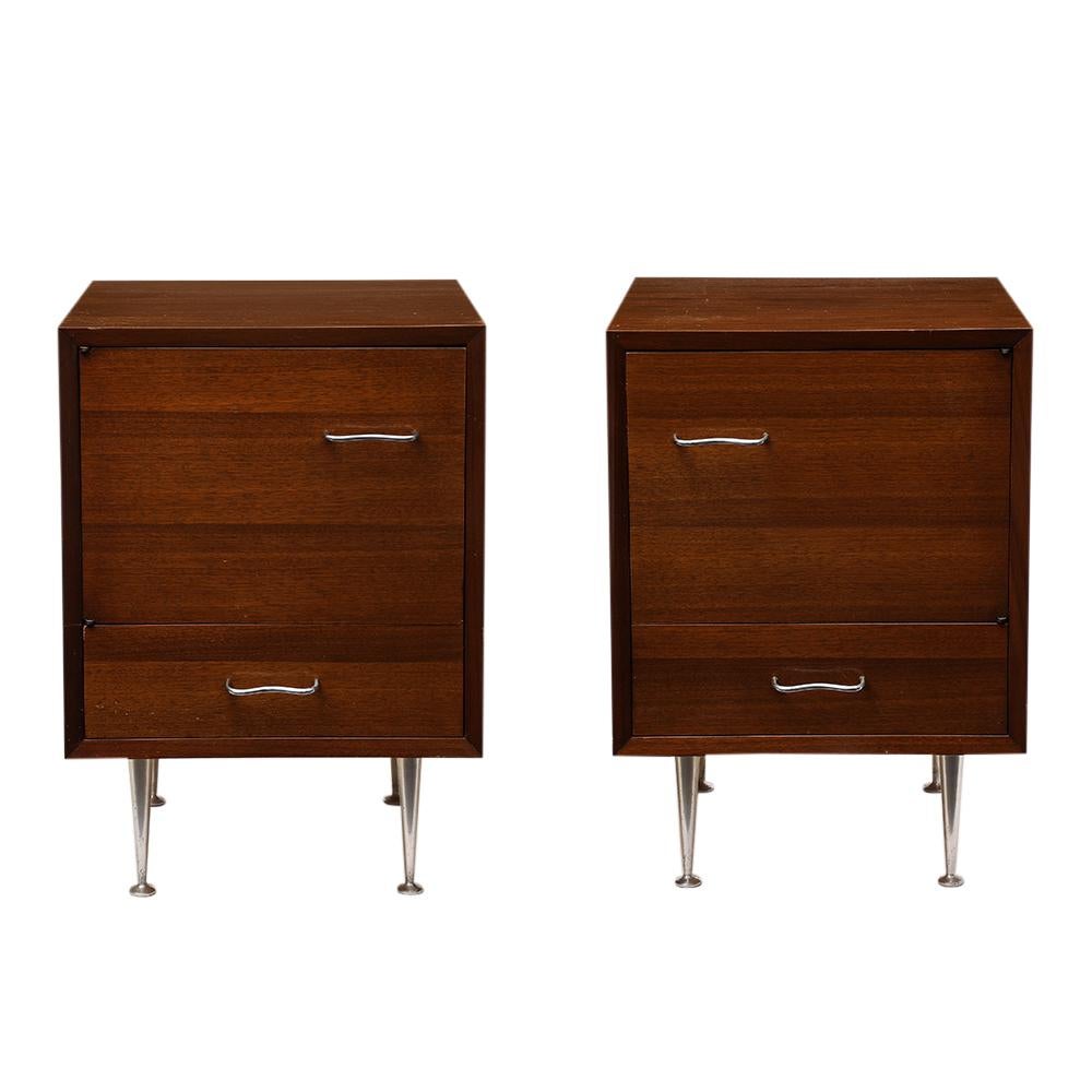 George Nelson & Associates Cabinets, Herman Miller model 4617. Handsome bedside cabinets/nightstands, purchased by Solo Modern, from the estate of famed Mad Magazine cartoonist, Mort Drucker. Stamped '4617' with stencil on both backs. The draw pulls