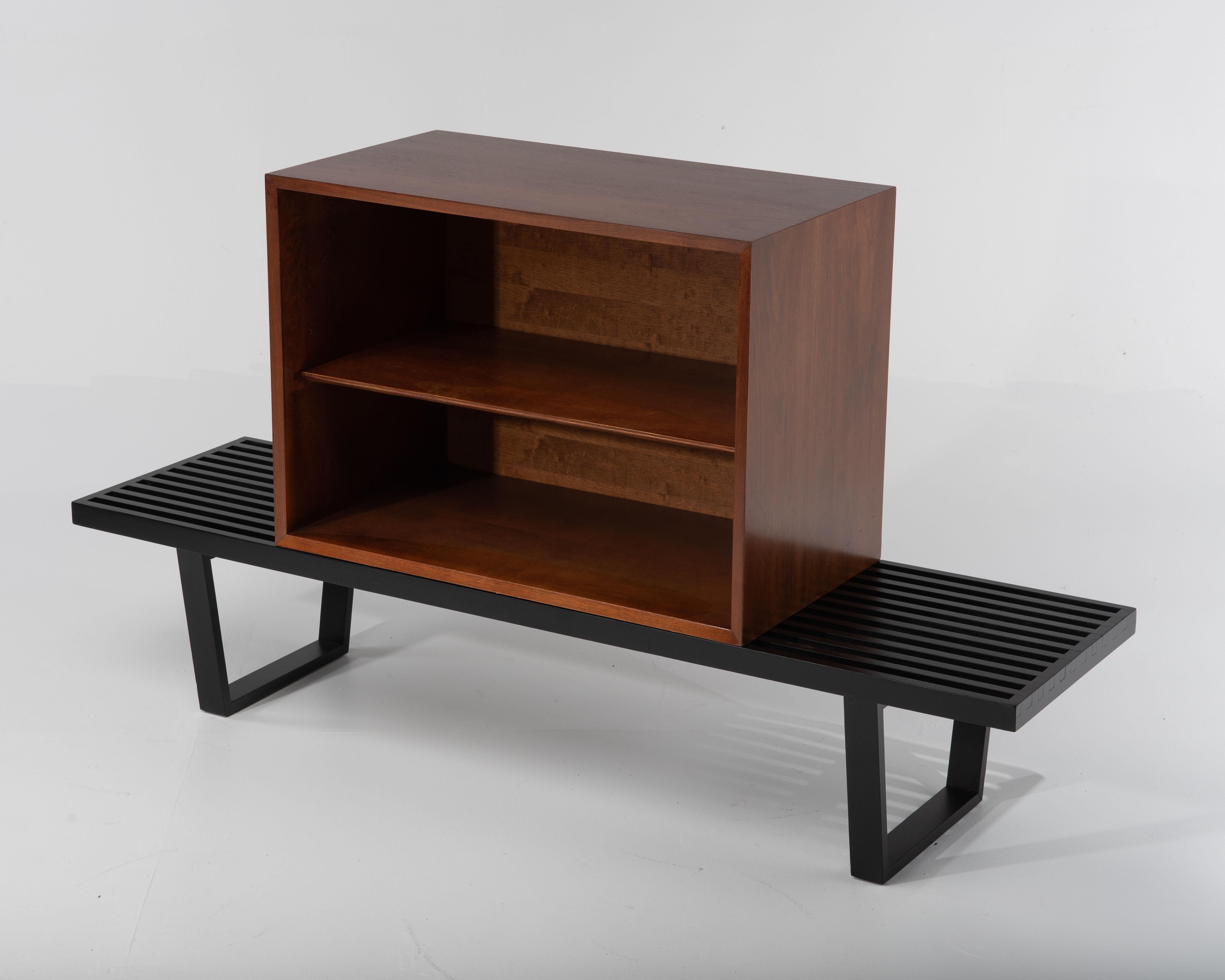 Rare 1960s George Nelson for Herman Miller cabinet set upon an1 iconic Herman Miller slat ebonized bench.