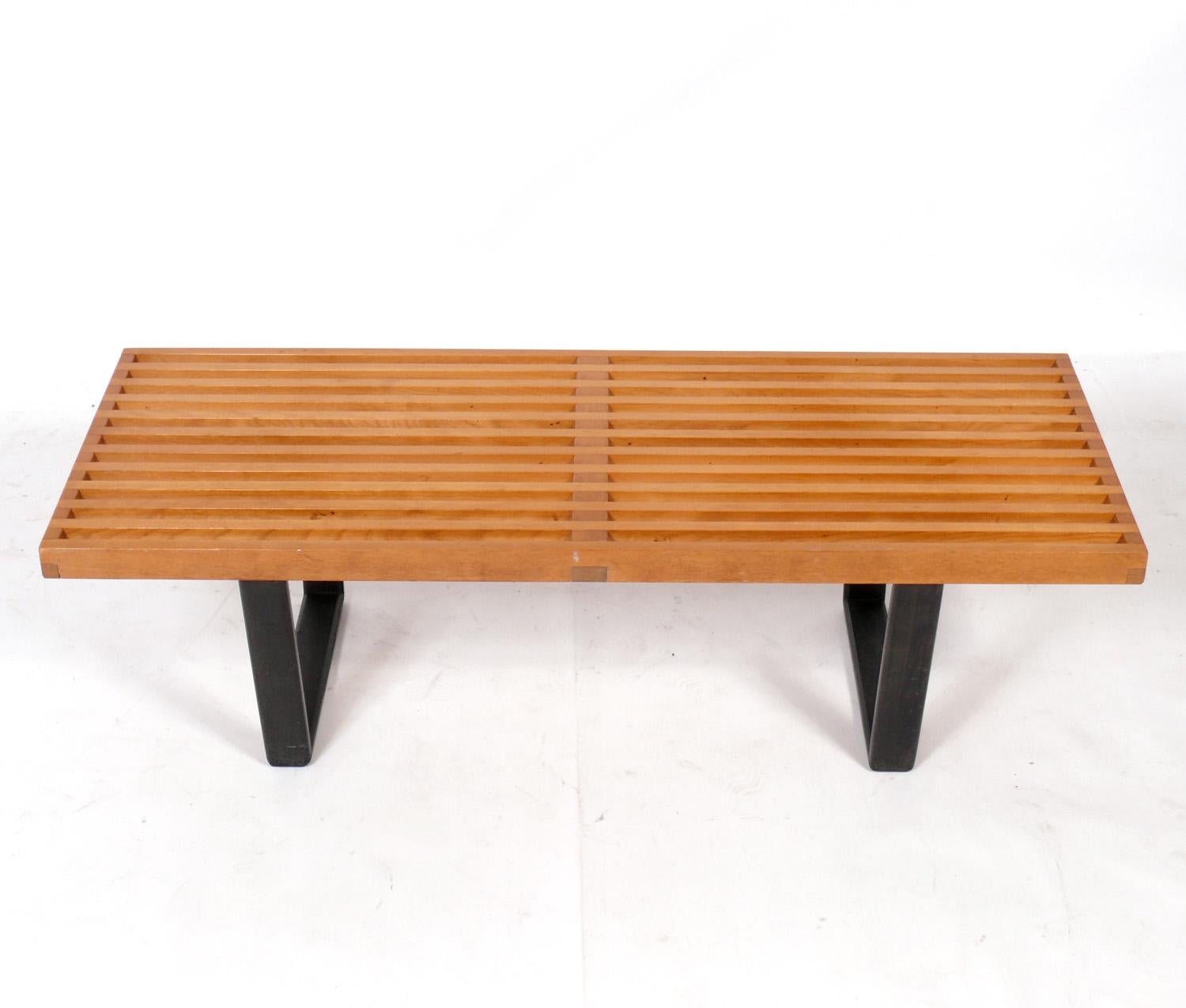 Clean lined modern slat bench or coffee table, designed by George Nelson for Herman Miller, American, circa 1960s. Retains warm original patina.