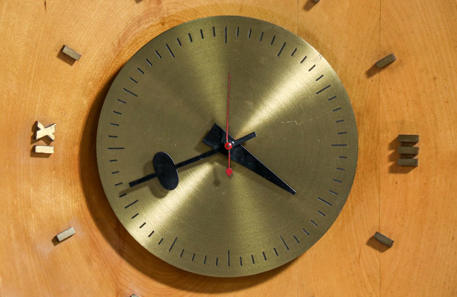 Mid-Century Modern George Nelson Birch & Brass Wall Clock for Howard Miller For Sale