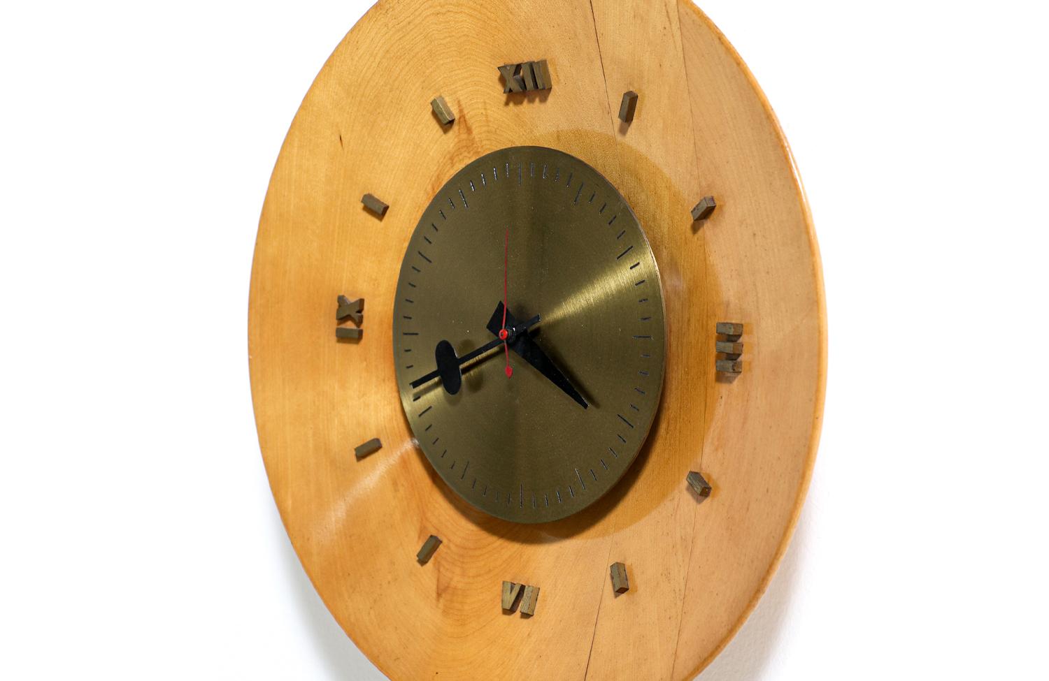 George Nelson Birch & Brass Wall Clock for Howard Miller In Excellent Condition For Sale In Los Angeles, CA