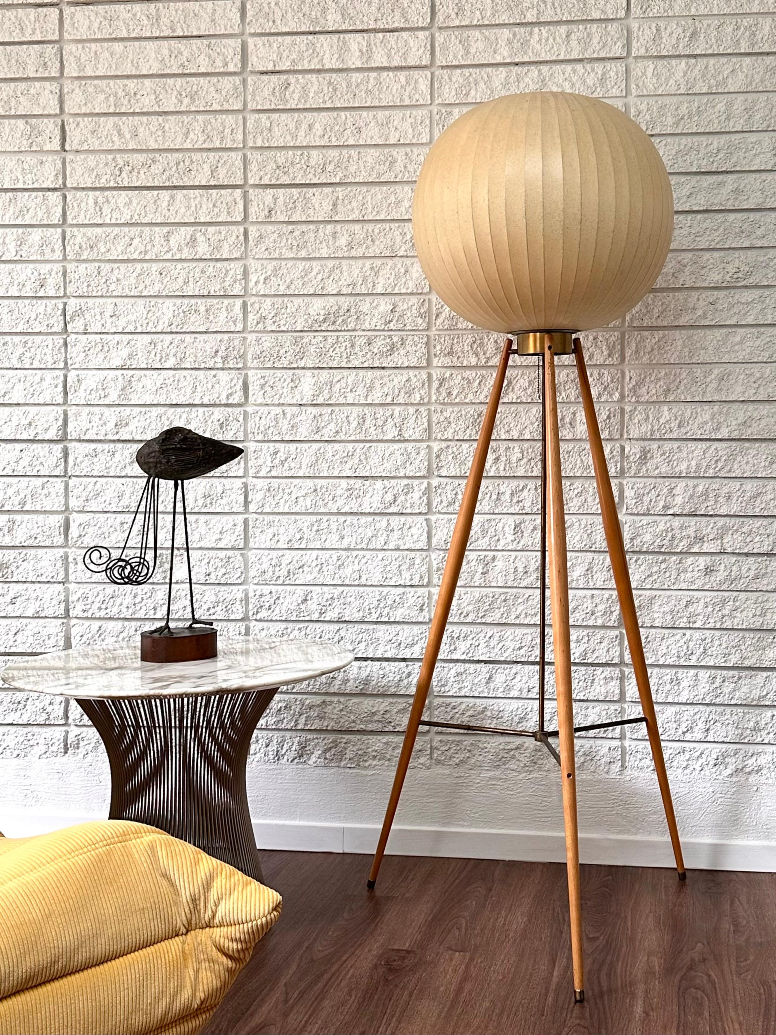 Mid-Century Modern Extremely Rare George Nelson Bubble Floor Lamp Original Birch Tripod Base 1950s For Sale