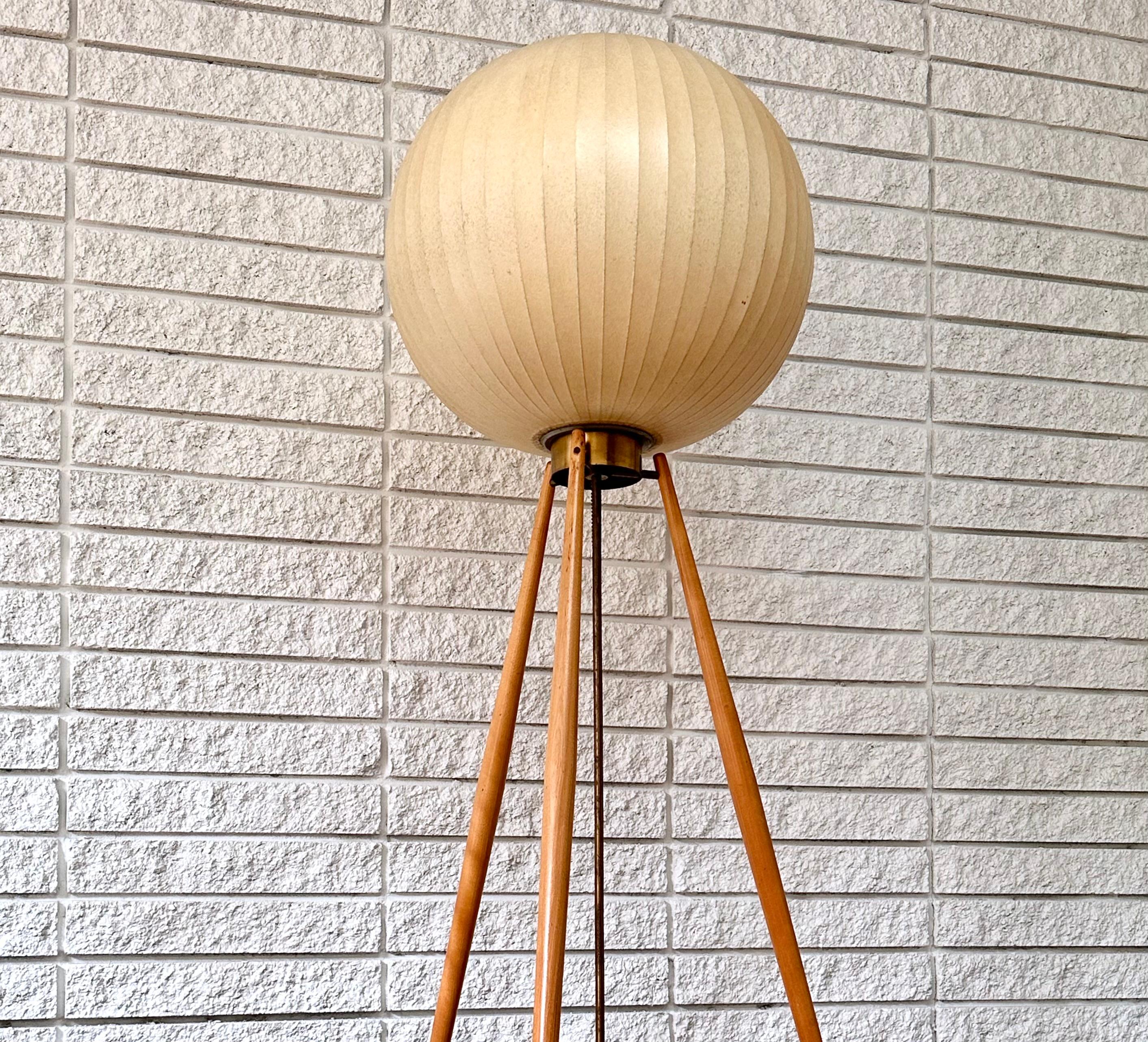 Mid-20th Century Extremely Rare George Nelson Bubble Floor Lamp Original Birch Tripod Base 1950s For Sale
