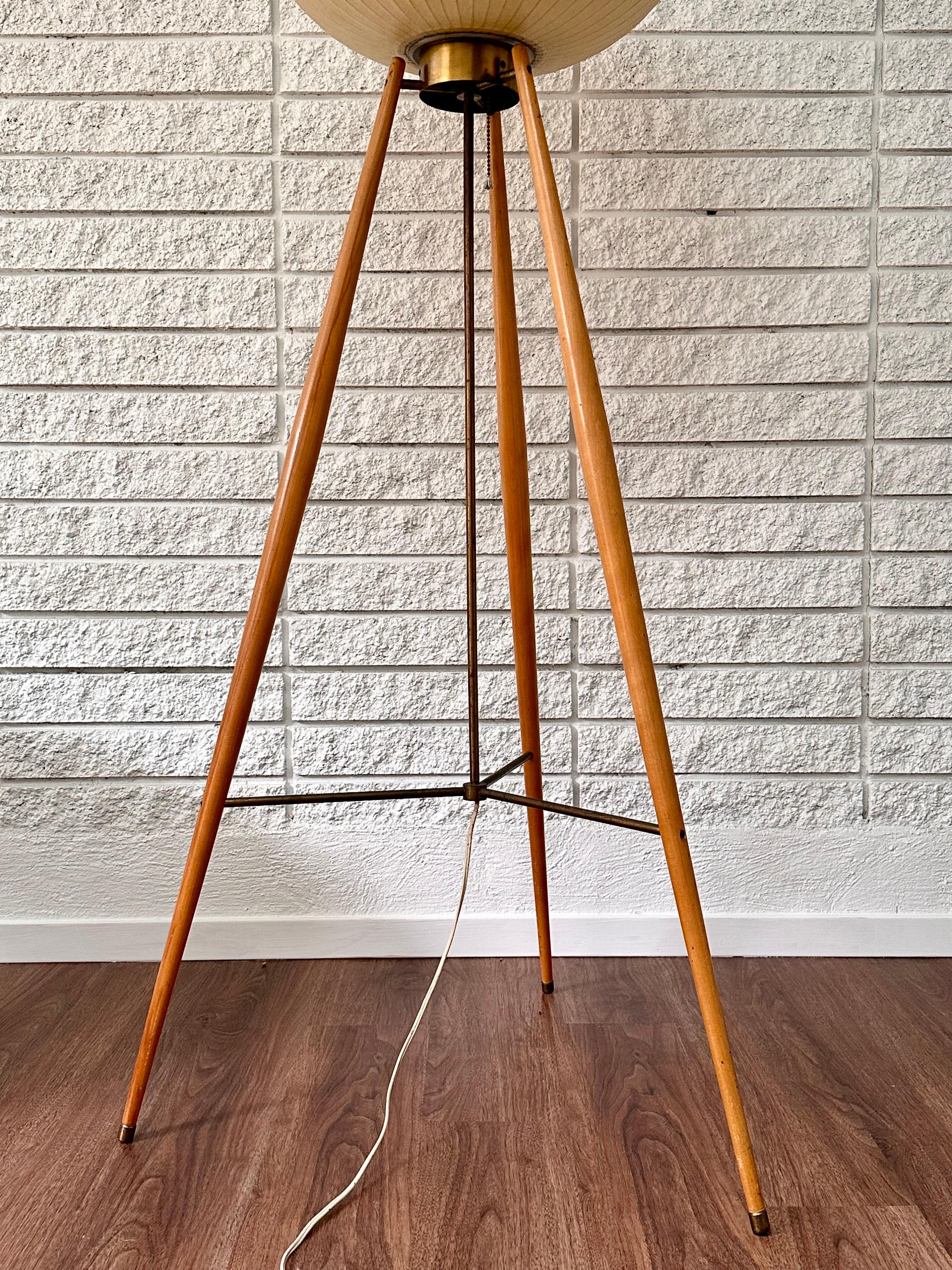 Brass Extremely Rare George Nelson Bubble Floor Lamp Original Birch Tripod Base 1950s For Sale