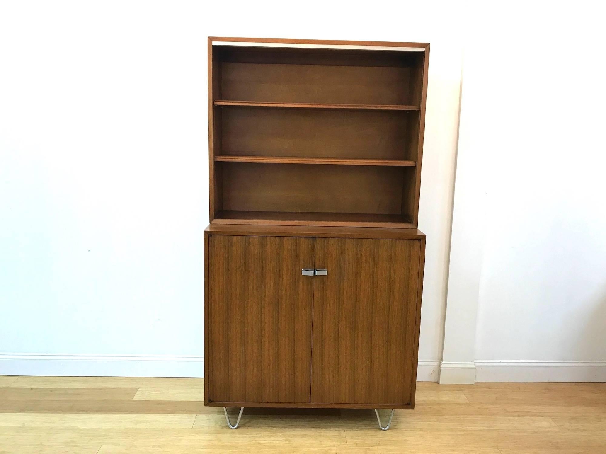 George Nelson China cabinet and hutch for herman miller in walnut with metal hairpin legs.