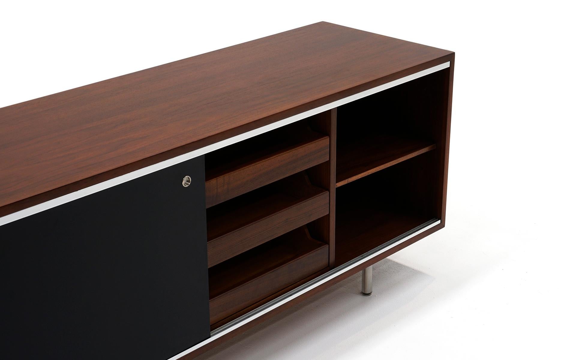 American George Nelson Credenza, Expertly Restored, Walnut with Black Sliding Doors