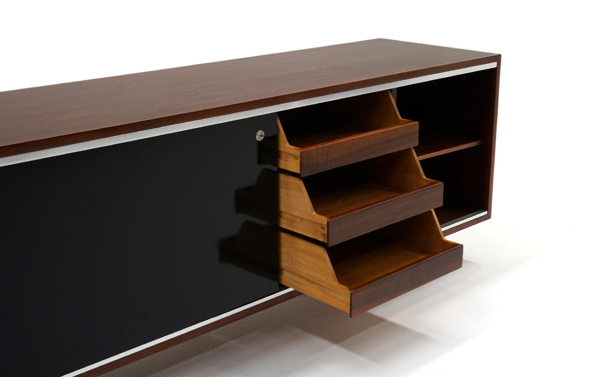 Lacquered George Nelson Credenza, Expertly Restored, Walnut with Black Sliding Doors