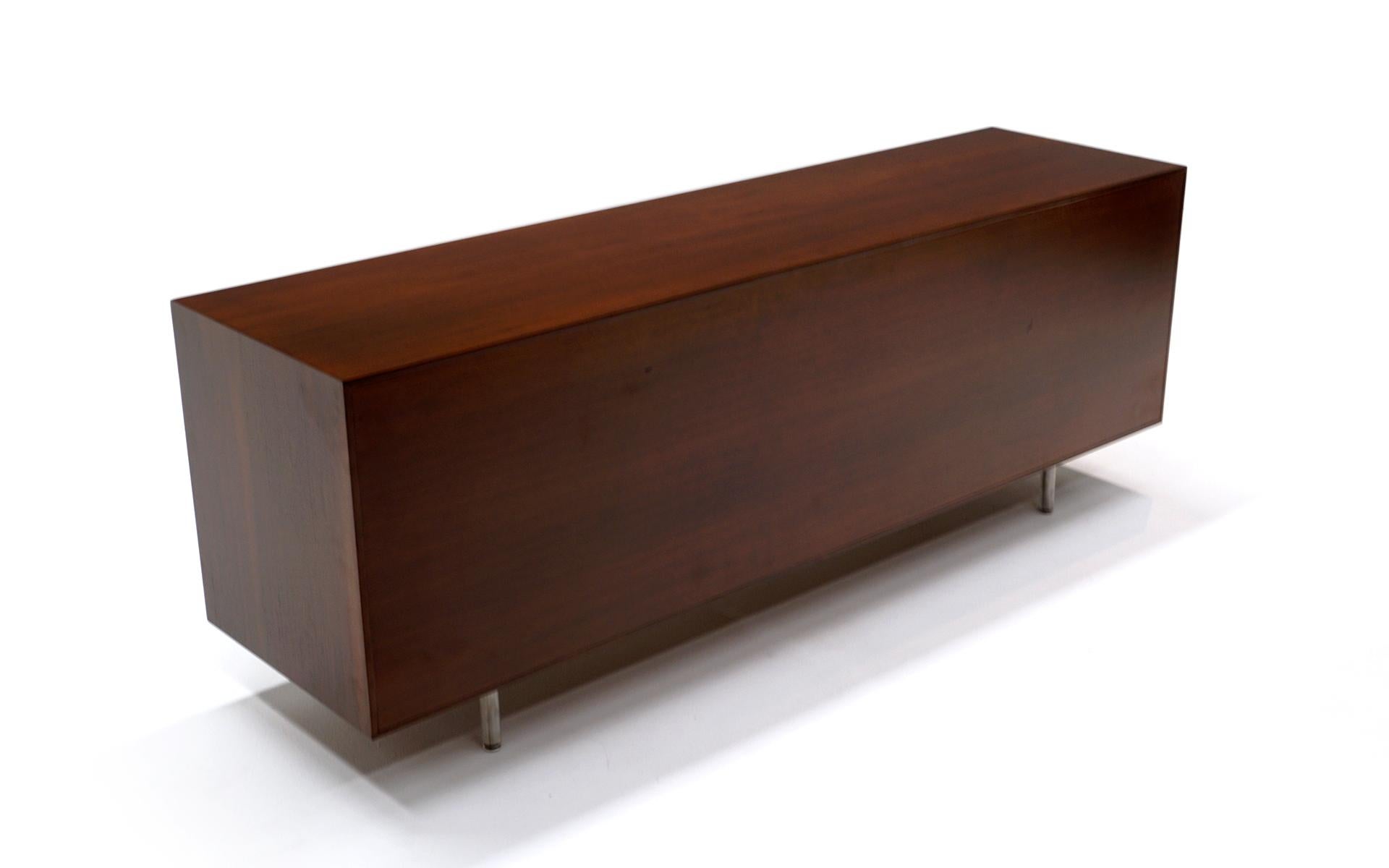 Mid-20th Century George Nelson Credenza, Expertly Restored, Walnut with Black Sliding Doors
