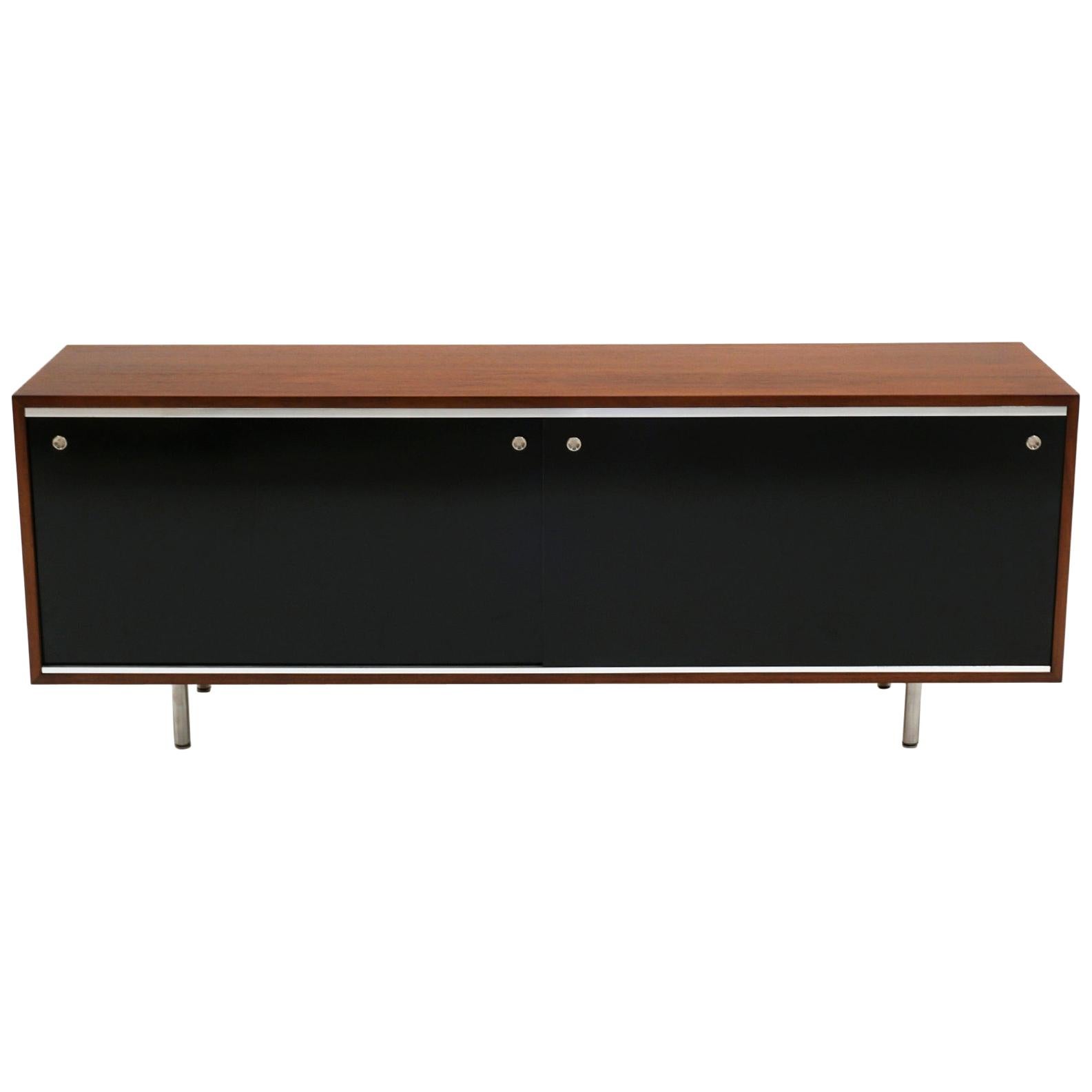 George Nelson Credenza, Expertly Restored, Walnut with Black Sliding Doors