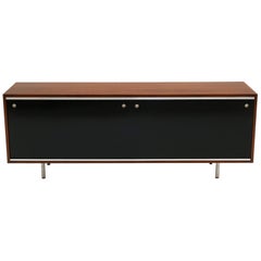 George Nelson Credenza, Expertly Restored, Walnut with Black Sliding Doors