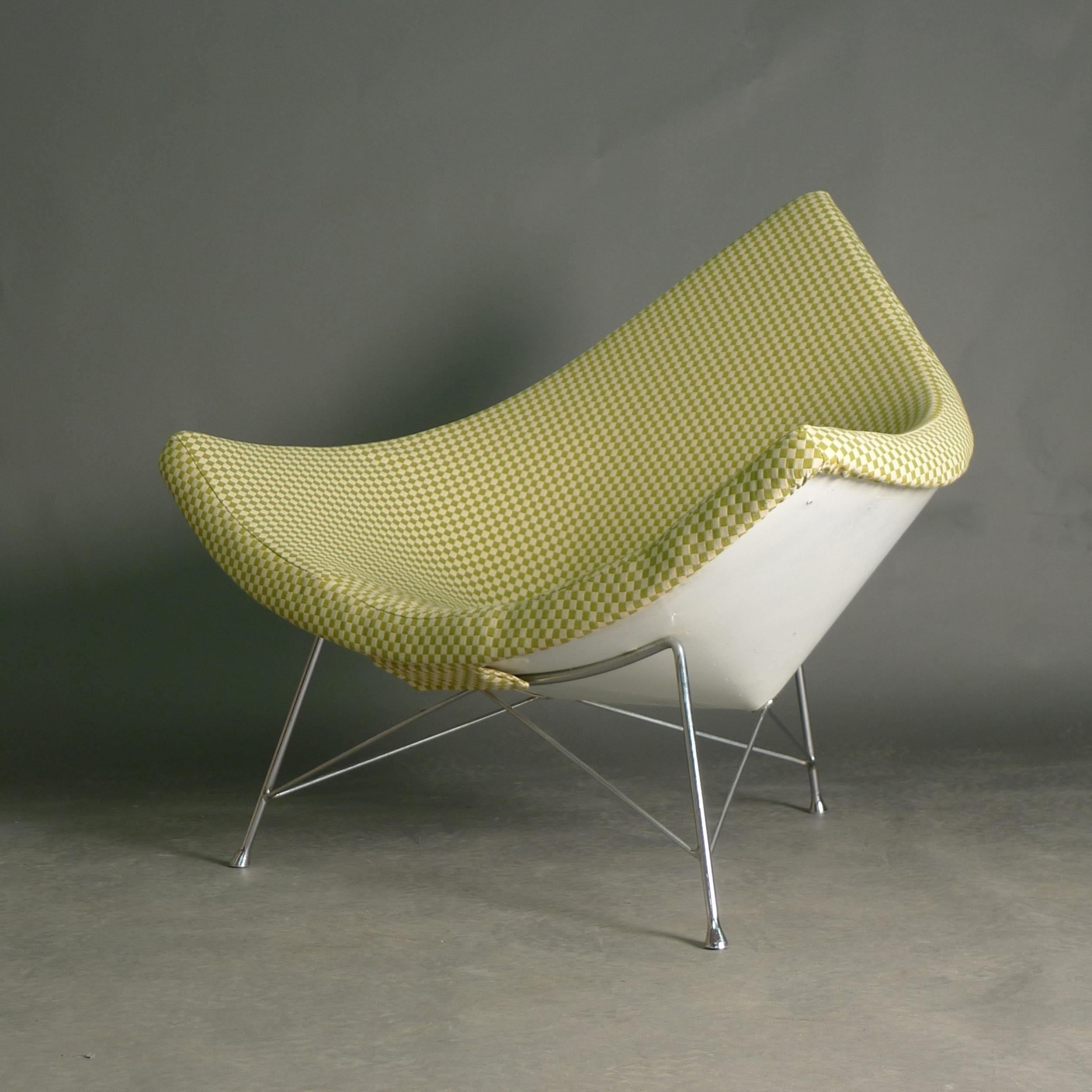 George Nelson
Early ‘Coconut’ Lounge Chair
enamelled folded steel shell and chromed steel legs
recently upholstered in Maharam Checker upholstery
85cm high, 105cm wide, 82cm deep

Designed in 1955, the Coconut lounge chair was initially manufactured