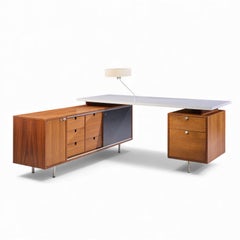 George Nelson for Herman Miller 9000 Series Walnut, Formica Desk w/Return, Lamp