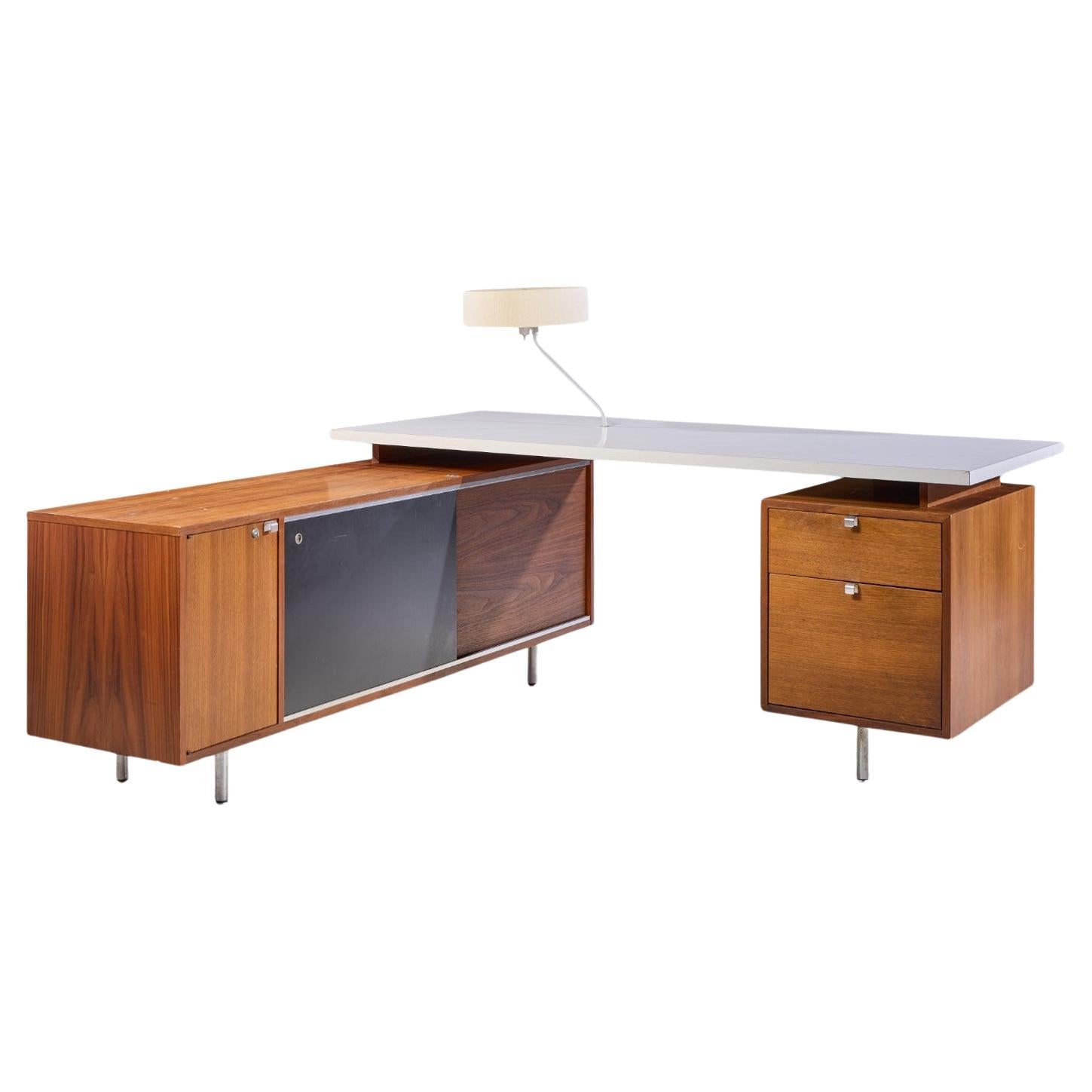 George Nelson for Herman Miller 9000 Series Walnut, Formica Desk w/Return, Lamp