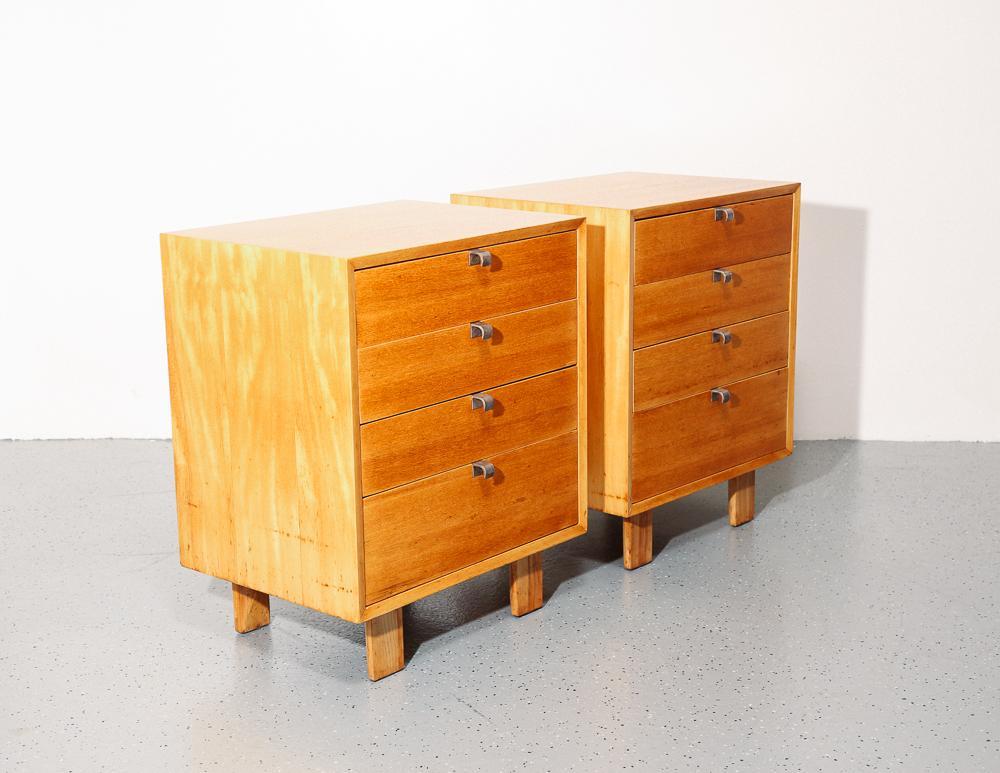 Pair of nice vintage 4-drawer chests by George Nelson for Herman Miller.

Blonde wood with metal J-pulls.

The chests have been refinished but kept lots of character with a beautiful patina of a well loved life.