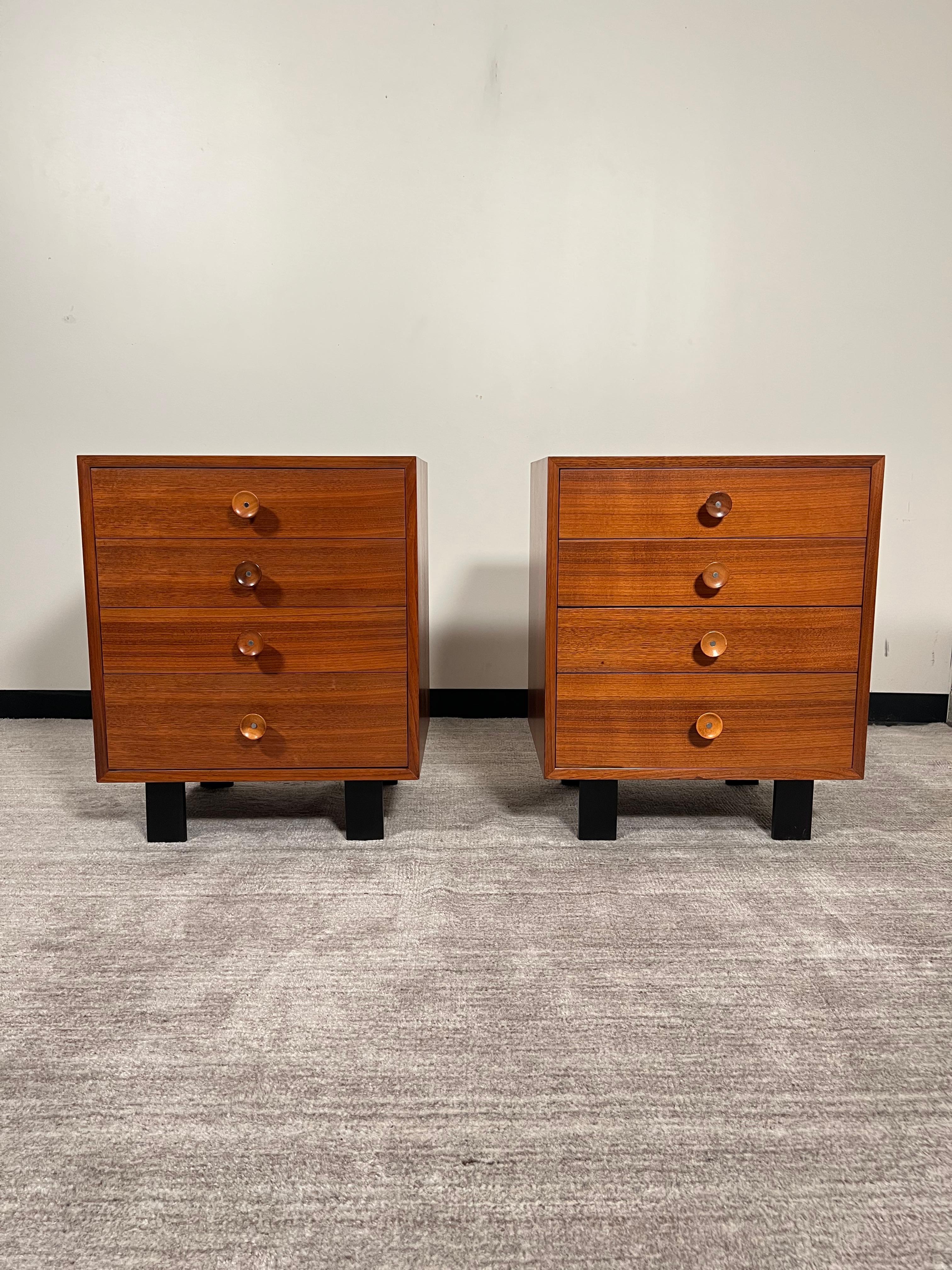 This fantastic pair of nightstands were designed by George Nelson for Herman Miller, part of the 'Basic Cabinet Series' and also called 'Primavera', these chests of drawers are signed with 1950's Herman Miller foil labels. Newly refinished, these