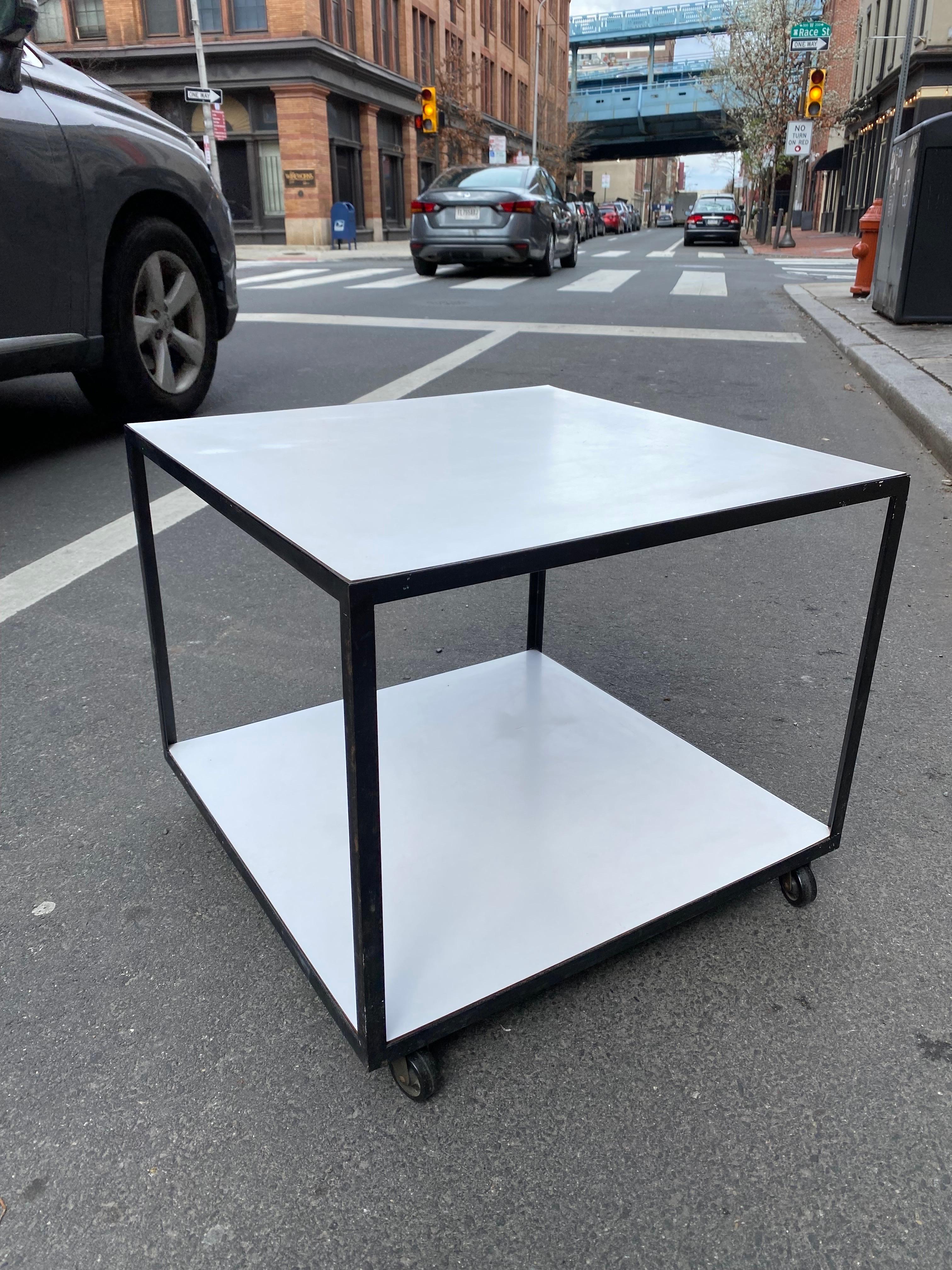 George Nelson and Irving Harper Rolling Mobile Table, model 5153. Designed and sold through Herman Miller from 1951-1958. Useful Simple Design perfect to use as a end or side table, coffee or work table. Classic understated design! Painted black