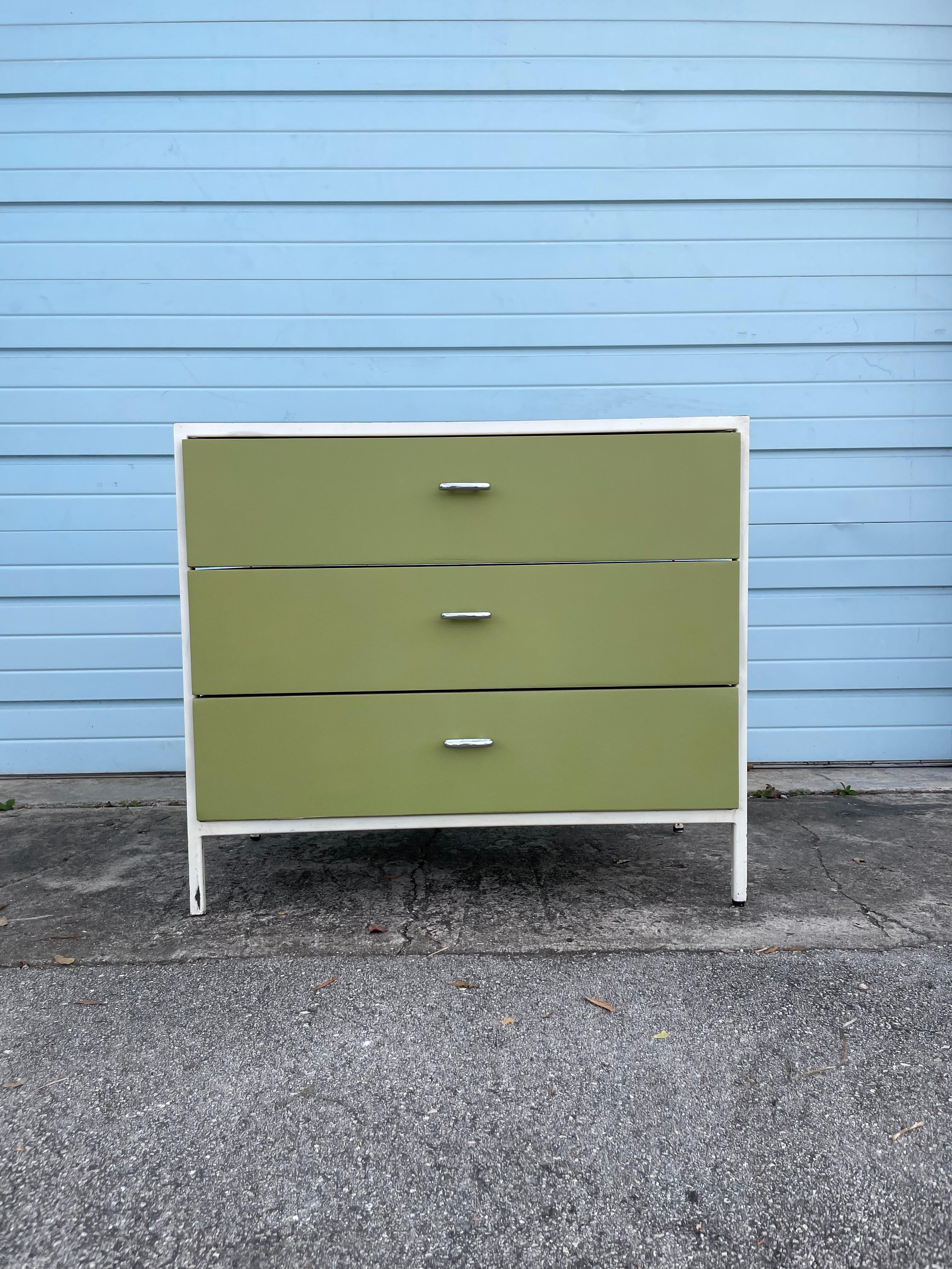 George Nelson for Herman Miller steel case series chest of drawers. Measures: 33.5W 17D 29H. Recently painted. Wear on top. Original handles. Labeled.