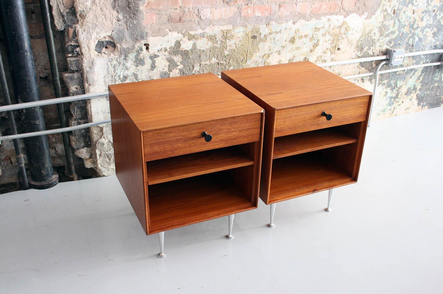 Matched pair!

A fantastic pair of teak nightstands / bedside tables / end tables designed by George Nelson for Herman Miller circa 1950s Zeeland, Michigan. These Thin Edge collection cases are crafted in teak with all original porcelain pulls and