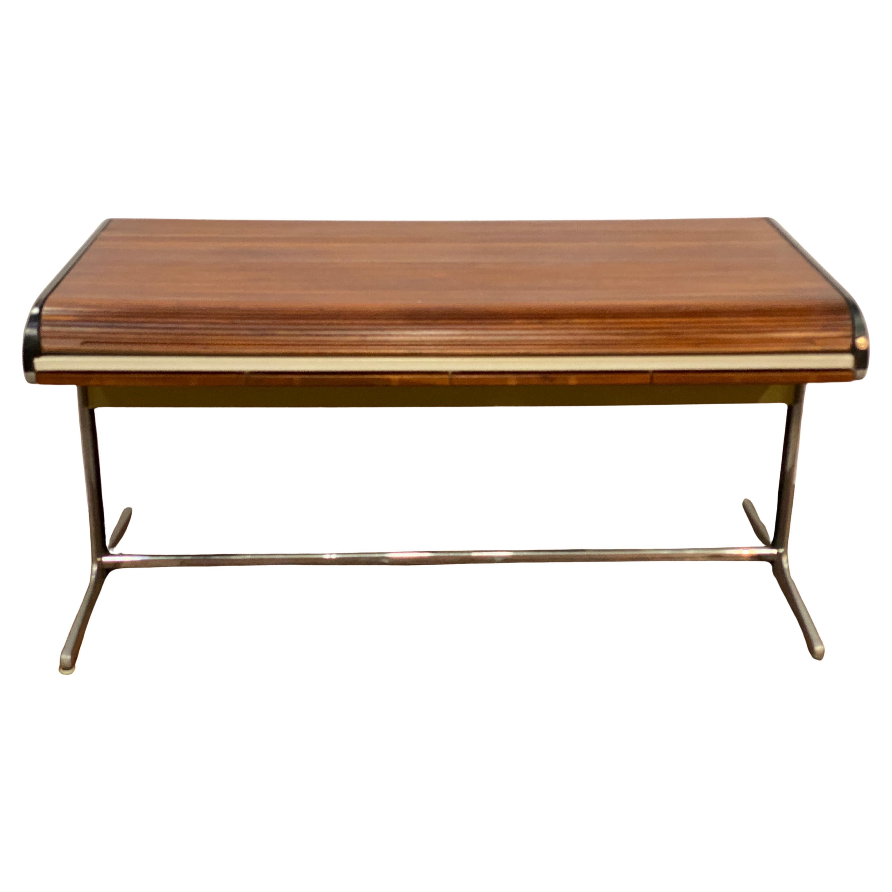 The ultimate take on 20th Century Modern roll top desk designed by George Nelson and Robert Propst for Herman Miller. The Action Office desk features a sliding solid walnut tambour to hide all paper work and unsightly desk clutter, a large avocado