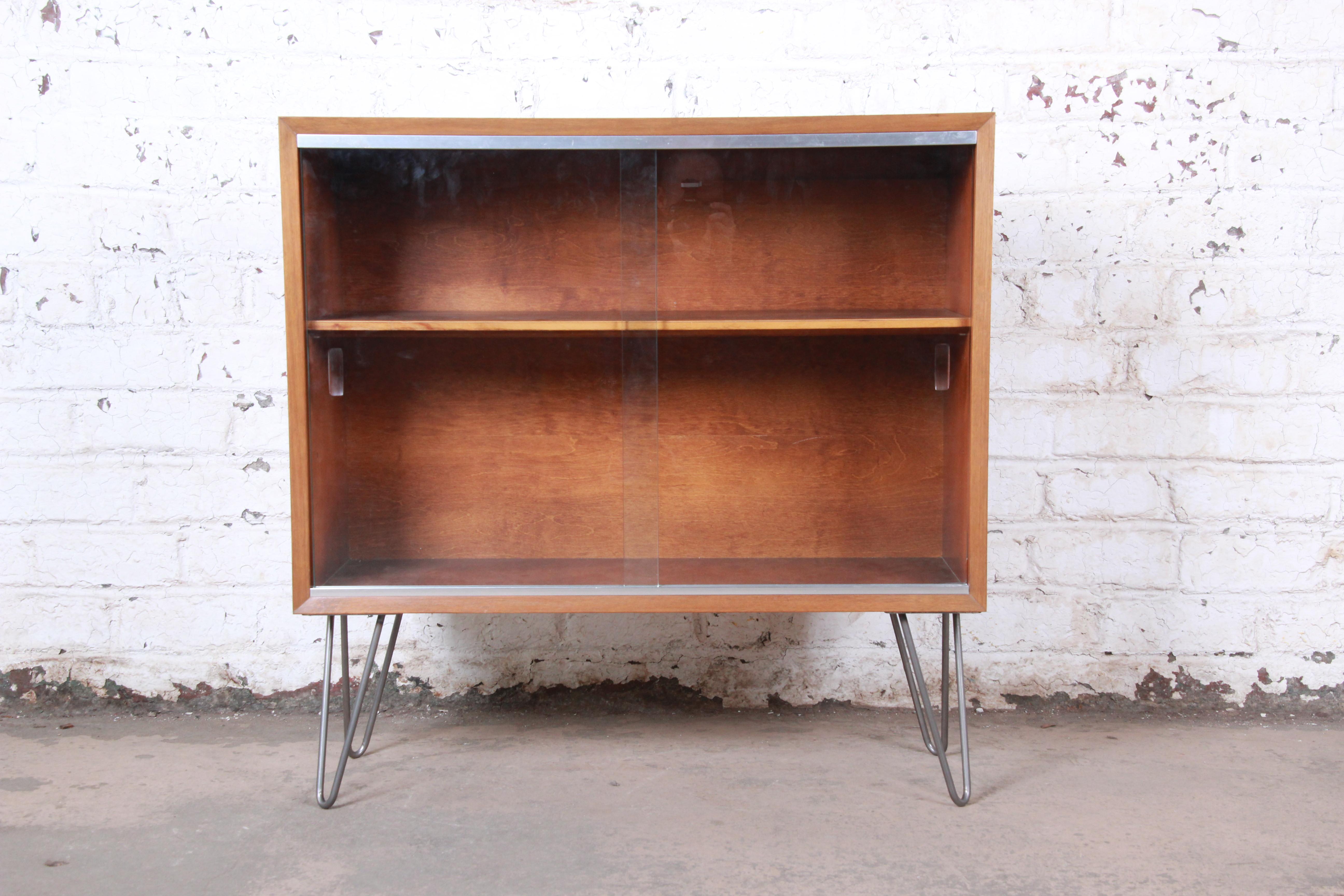 Mid-Century Modern George Nelson for Herman Miller Walnut Glass Front Bookcase on Hairpin Legs