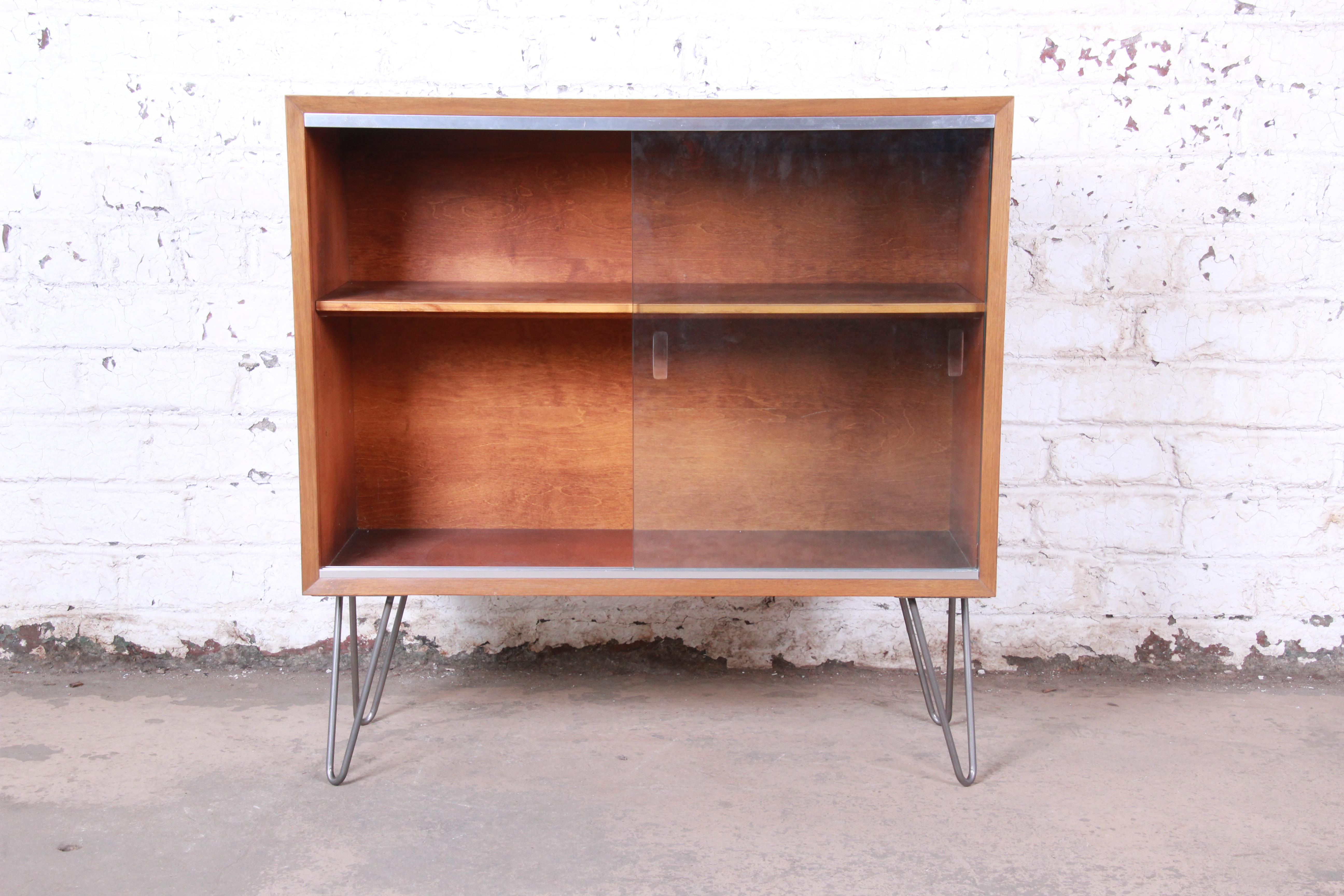 George Nelson for Herman Miller Walnut Glass Front Bookcase on Hairpin Legs In Good Condition In South Bend, IN