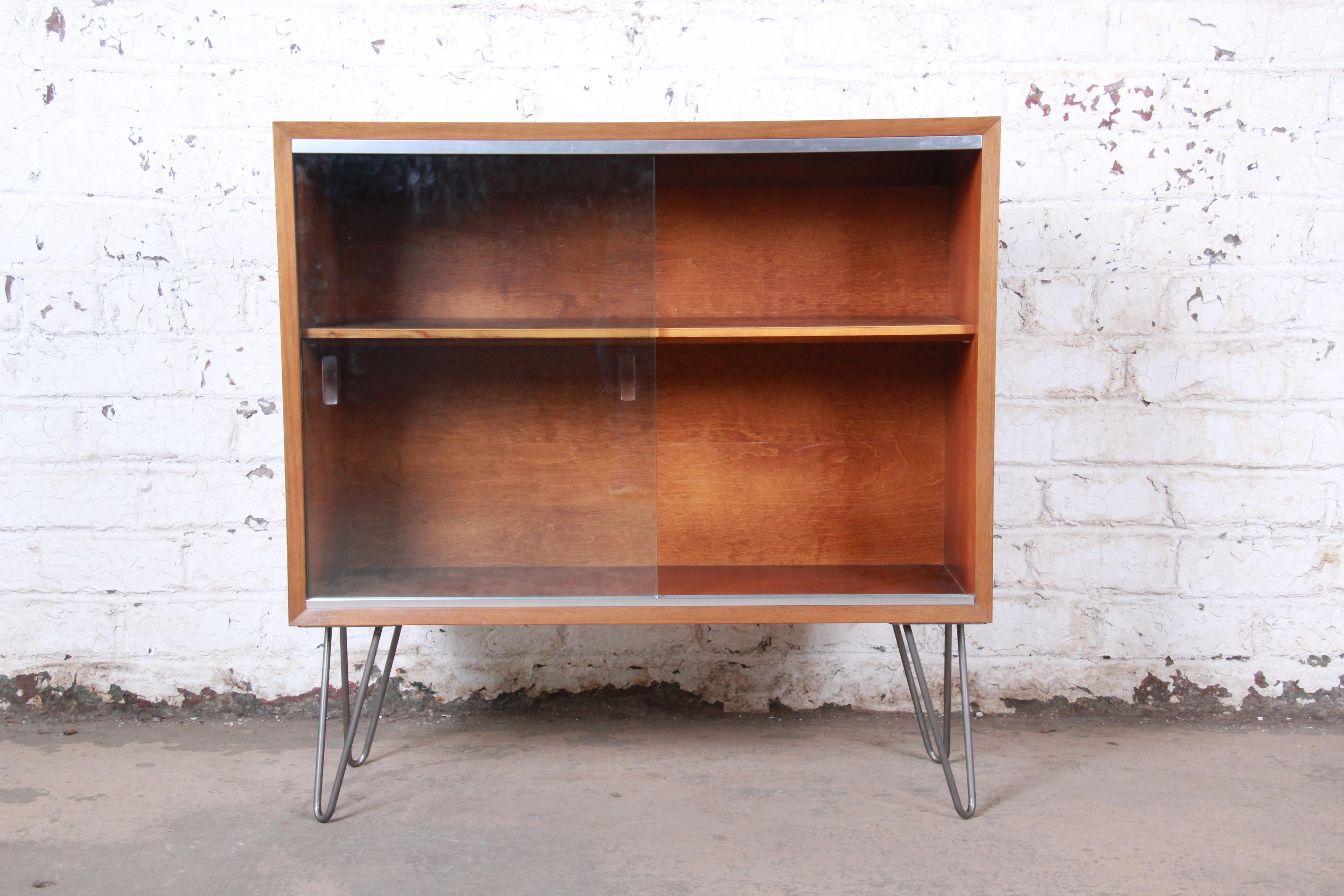 Mid-20th Century George Nelson for Herman Miller Walnut Glass Front Bookcase on Hairpin Legs