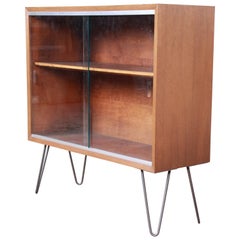 George Nelson for Herman Miller Walnut Glass Front Bookcase on Hairpin Legs