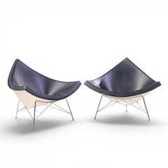 George Nelson for Vitra Mid Century Black Leather Coconut Chairs - Pair