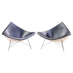 George Nelson for Vitra Mid Century Black Leather Coconut Chairs - Pair
