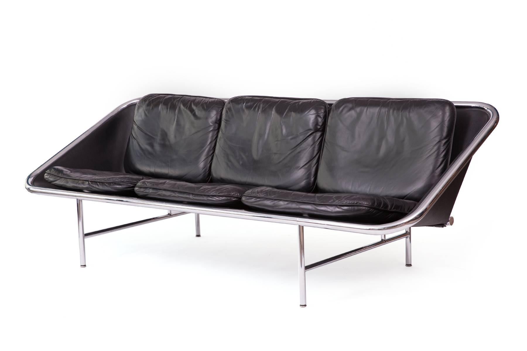 George Nelson for Herman Miller sling sofa, circa late 1960s. This stunning all original example has beautifully patinated black leather upholstery and polished steel frame and legs.