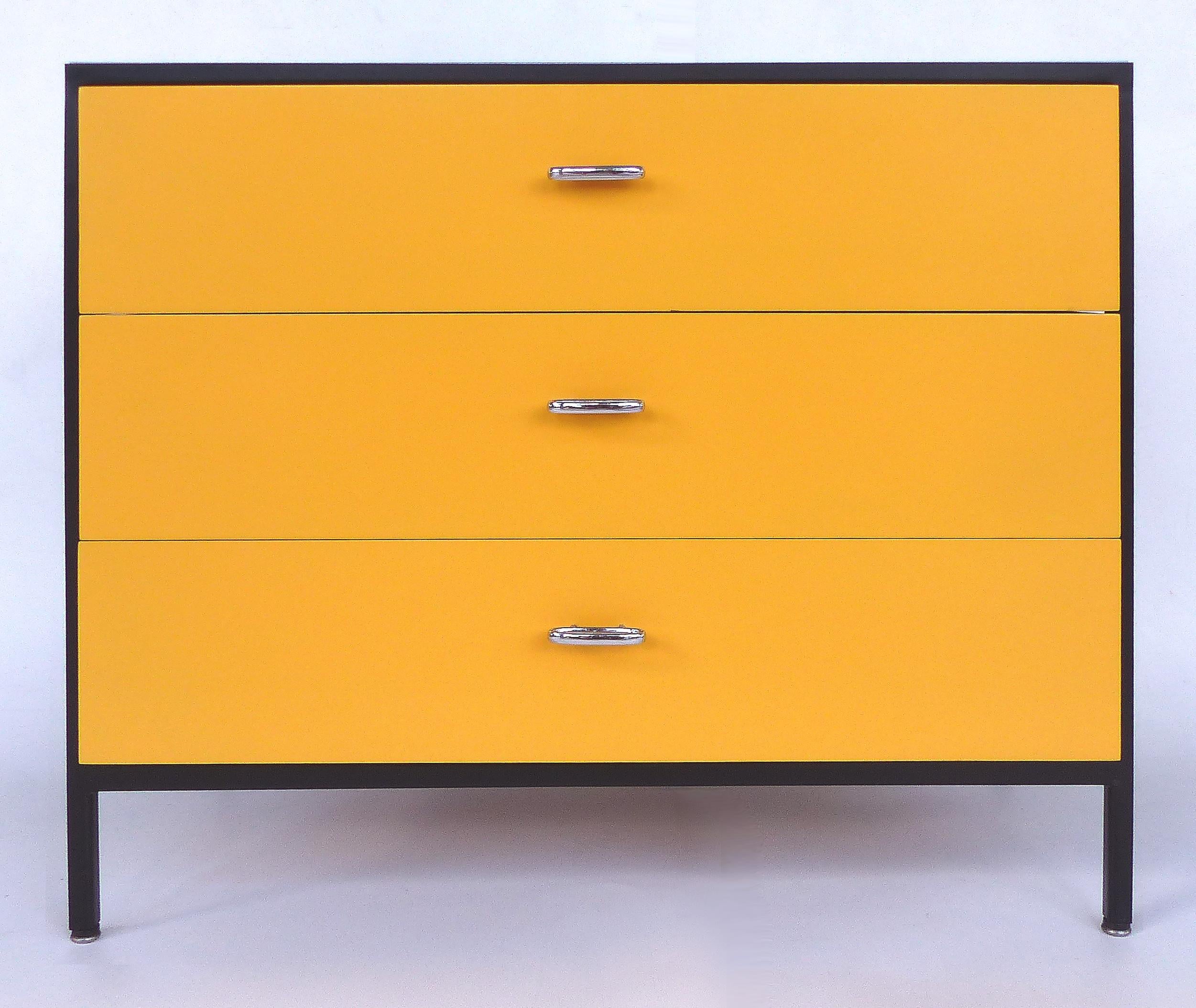 George Nelson Herman Miller Mid-century Modern Steel  Frame Chests of Drawers

Offered for sale is a pair of circa 1950's mid-century modern three-drawer chests from the steel frame series by George Nelson for Herman Miller.  These brightly colored