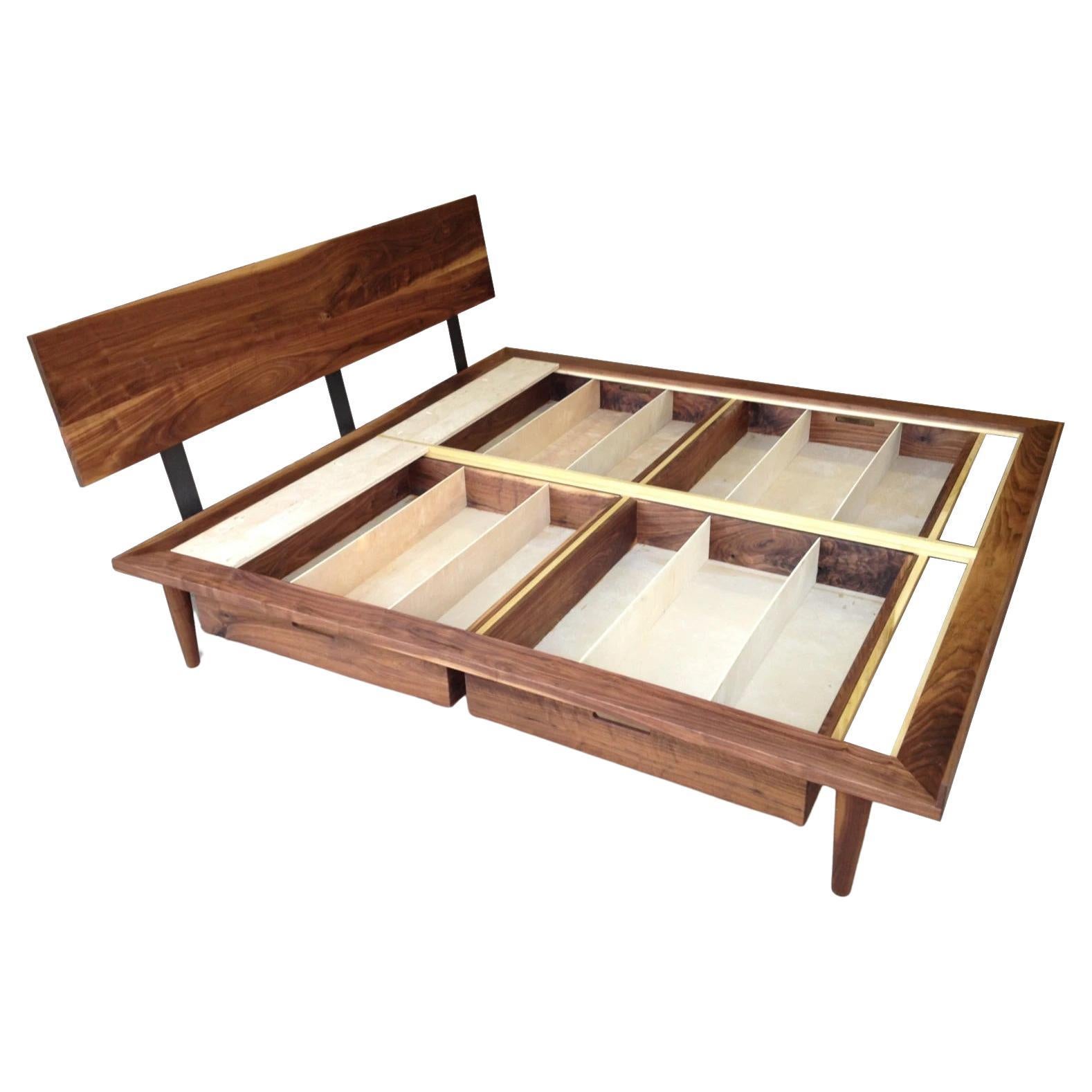 George Nelson Inspired Bed, Mid-Century Modern, Solid Walnut Cal King Storage For Sale