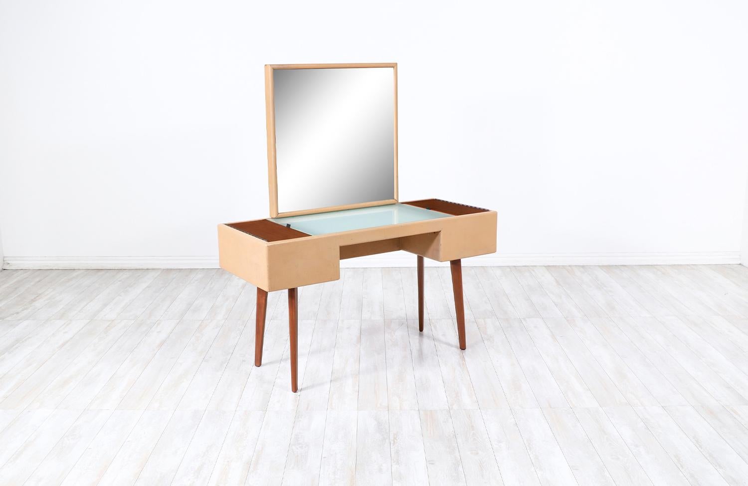 American George Nelson Leather & Walnut Illuminated Vanity with Mirror & Ottoman for Herm For Sale
