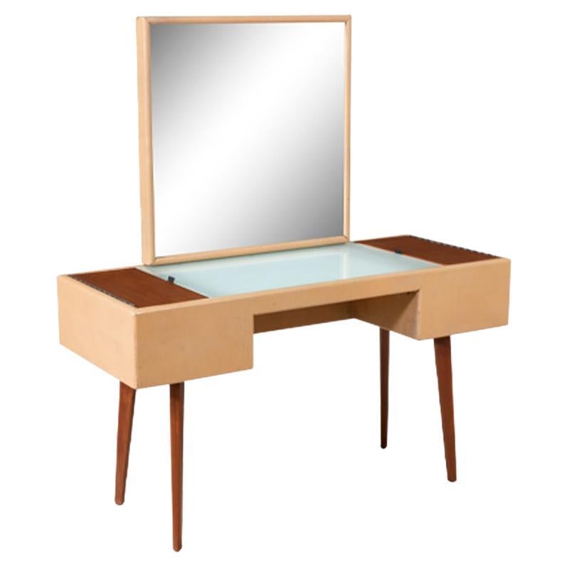 George Nelson Leather & Walnut Illuminated Vanity with Mirror & Ottoman for Herm