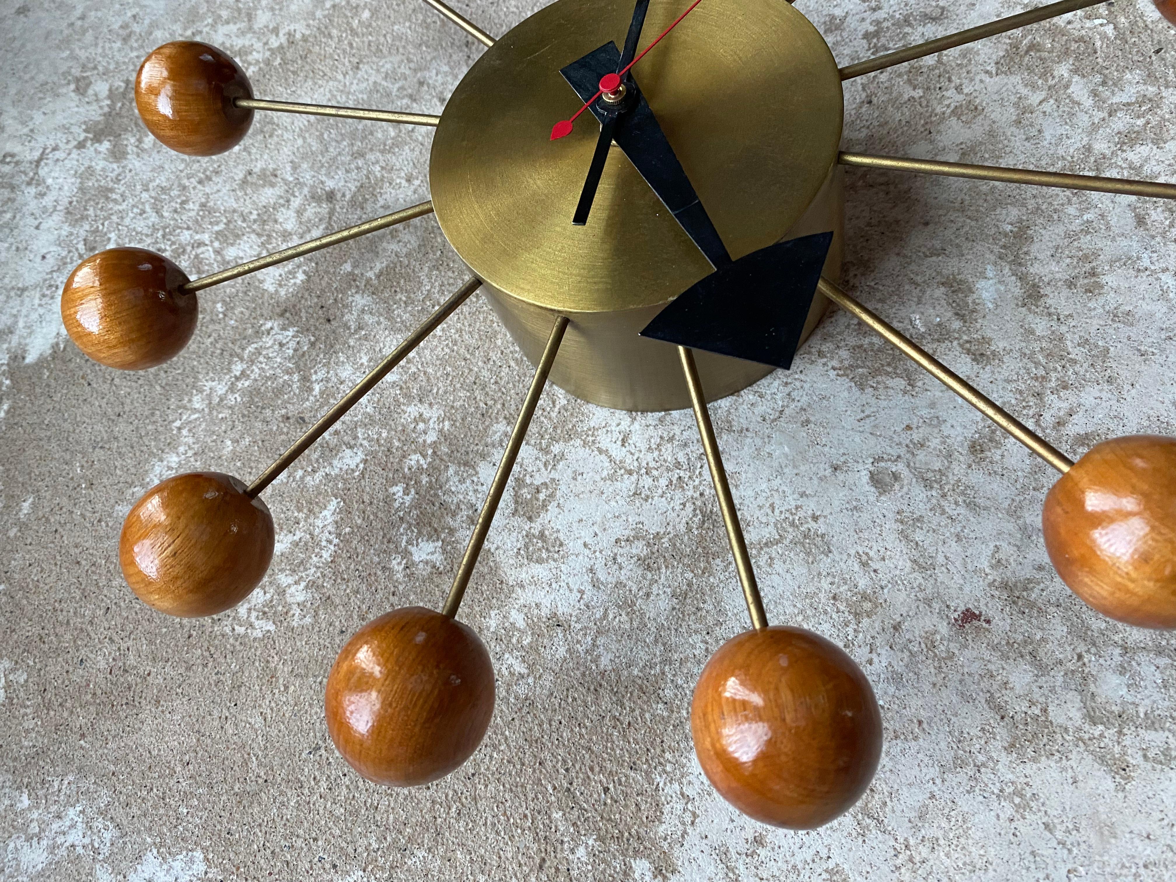 George Nelson Mid Century Ball Clock in Brass and Wood For Sale 2
