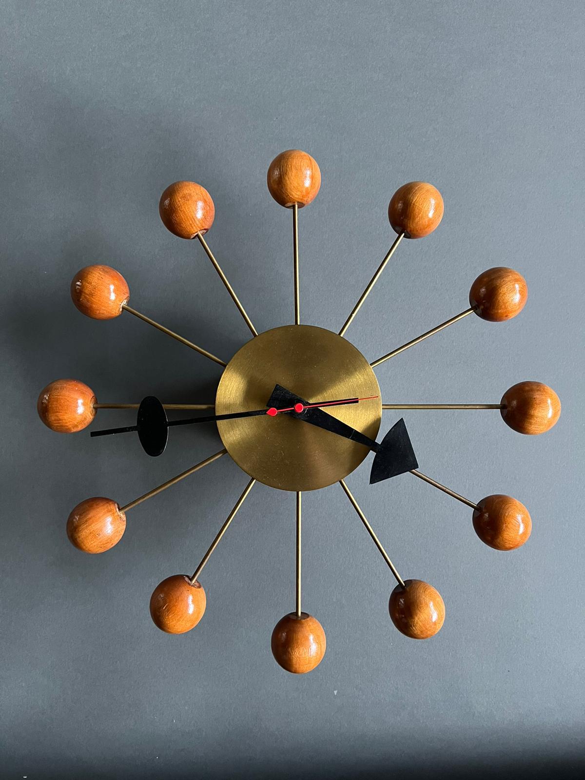 George Nelson Mid Century Ball Clock in Brass and Wood For Sale 4