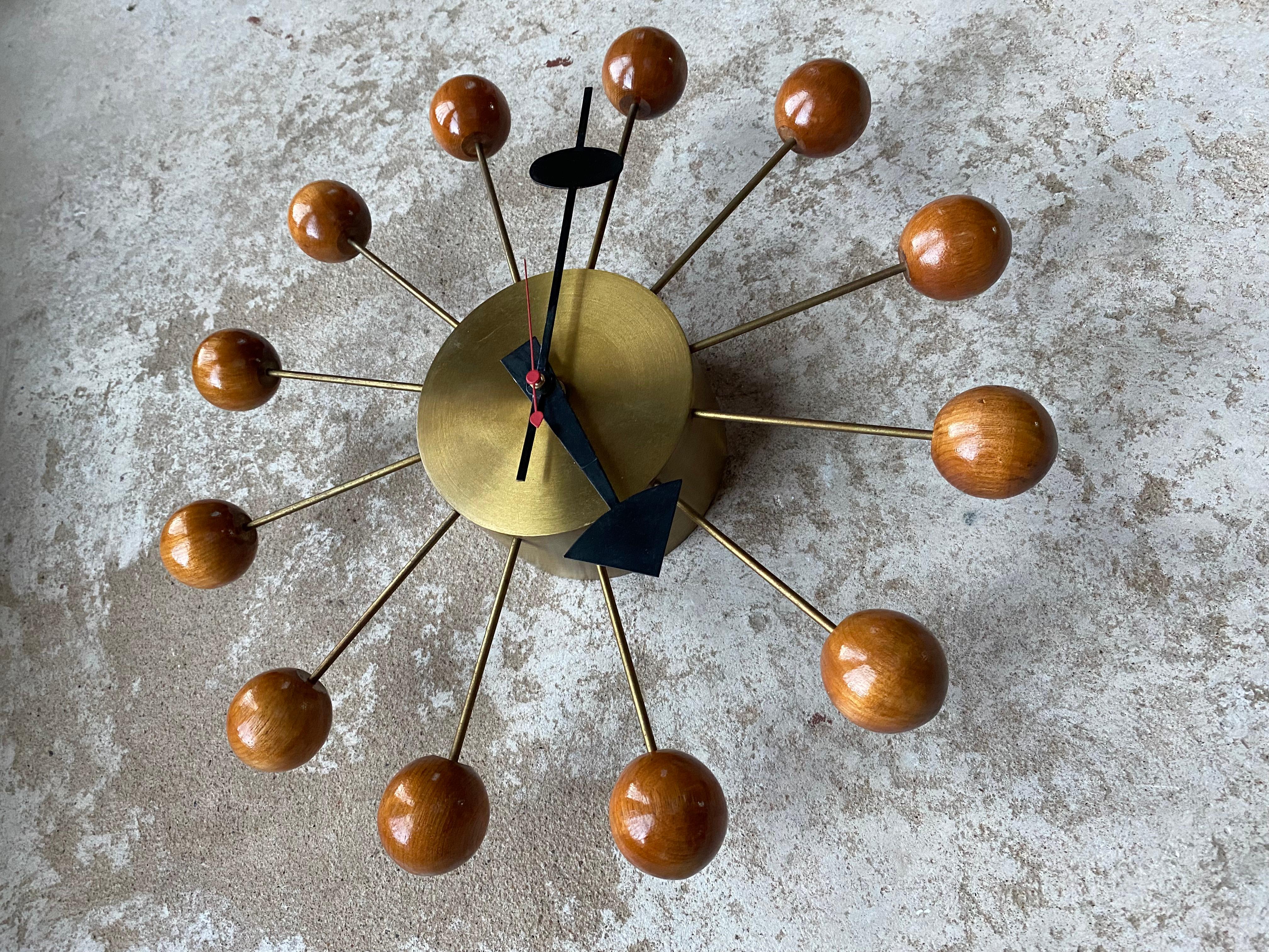 Mid-20th Century George Nelson Mid Century Ball Clock in Brass and Wood For Sale