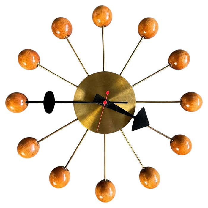George Nelson Mid Century Ball Clock in Brass and Wood For Sale at ...