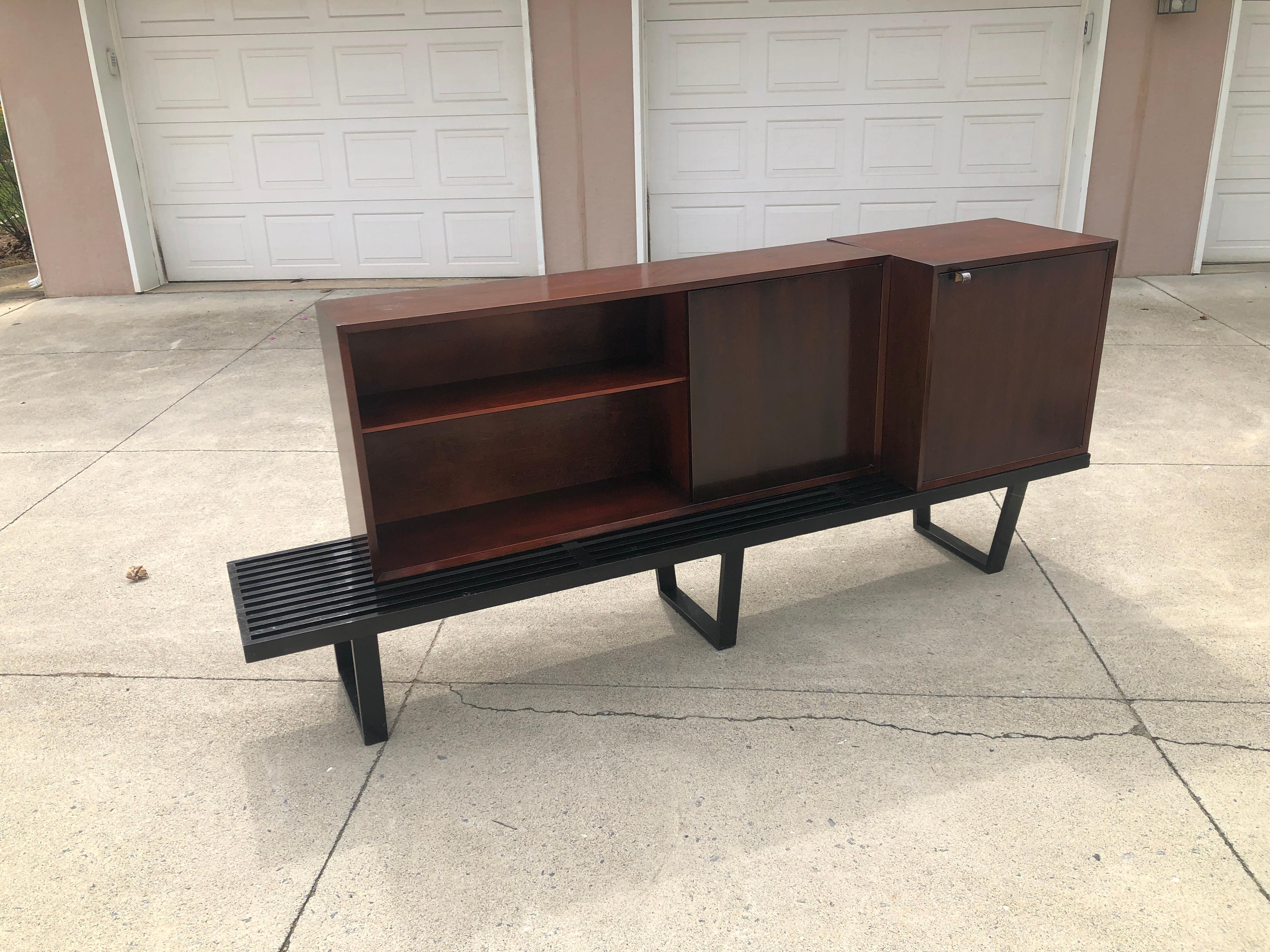 1950s slat bench, desk chest of drawers, and bookcase.
Wood, steel
Herman Miller George Nelson
An original 1950s Herman Miller set in very nice vintage condition, with a great patina on the wood and nickel pulls.
The slat bench appears to have