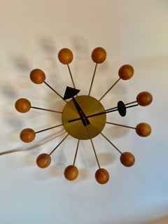 George Nelson Original Vintage Brass and Wood Ball Wall Clock