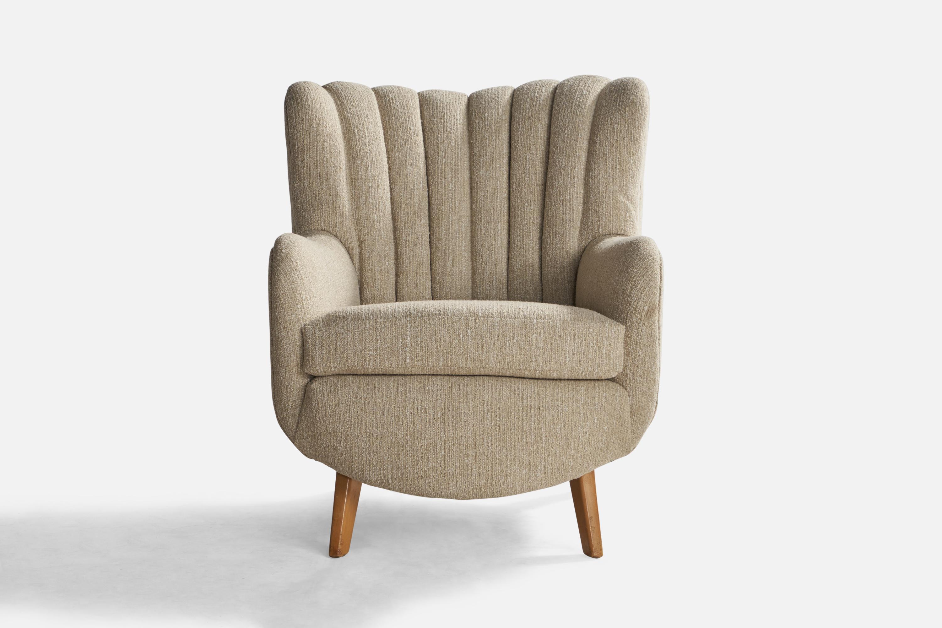 A rare wood and beige grey bouclé fabric model 4688 lounge chair designed by George Nelson and produced by Herman Miller, USA, c. 1940s.

Seat height: 18.5”