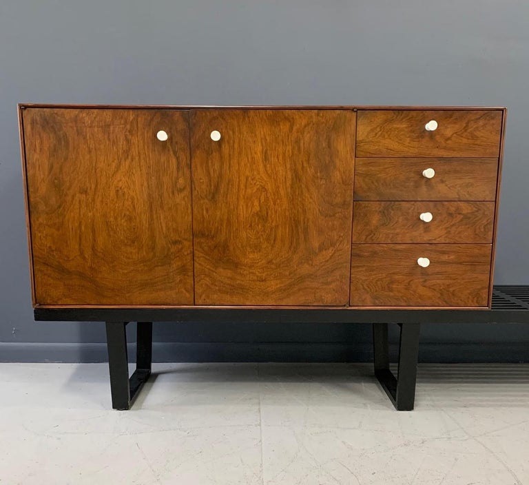 George Nelson Rosewood Thin Edge Cabinet on Original Slat Bench Midcentury In Good Condition For Sale In Philadelphia, PA