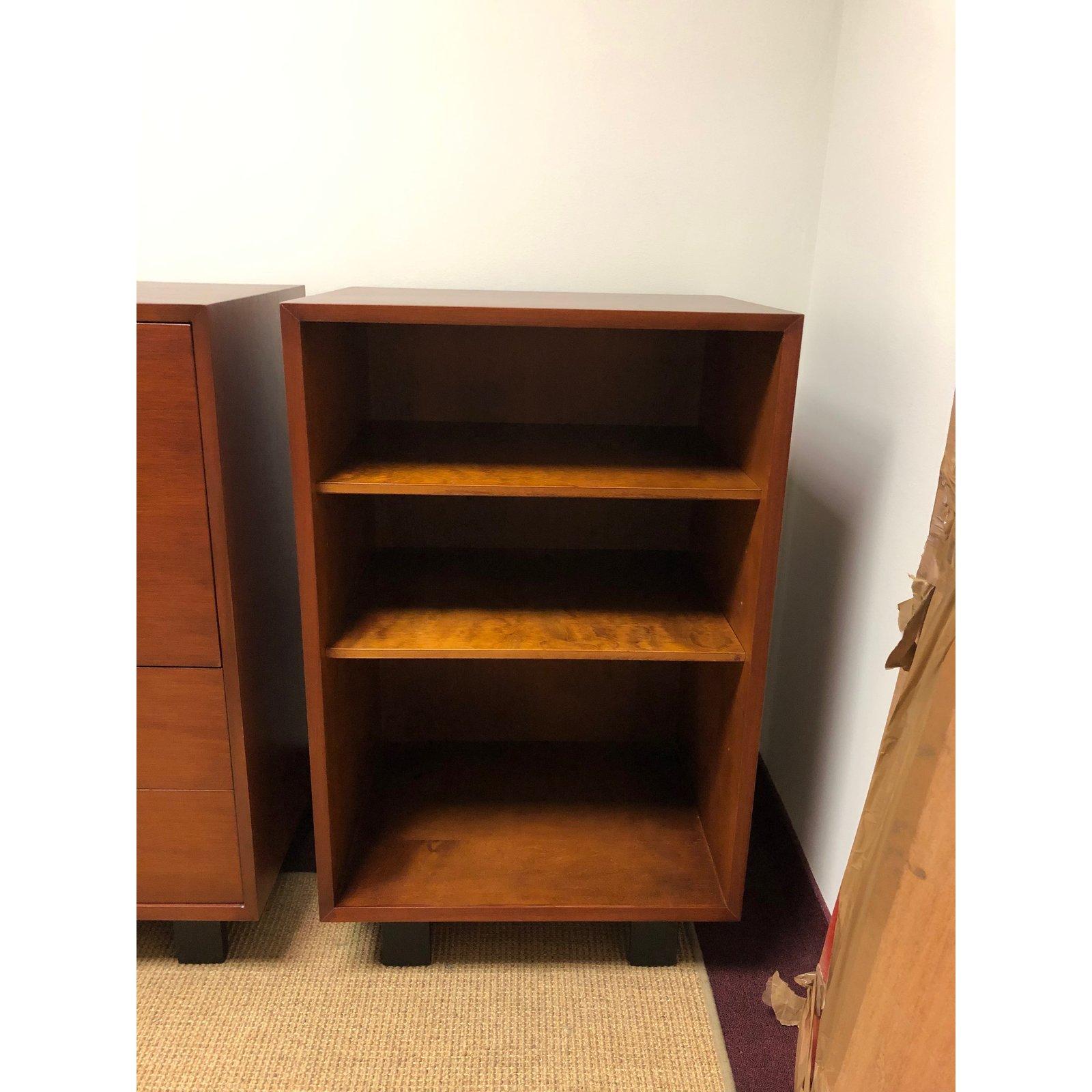George Nelson walnut secretary with J pulls and open bookcase. Ideally, this set should be on a long Nelson bench because the secretary is too low to function as a desk on the current basic series legs. Secretary by itself is 56.25