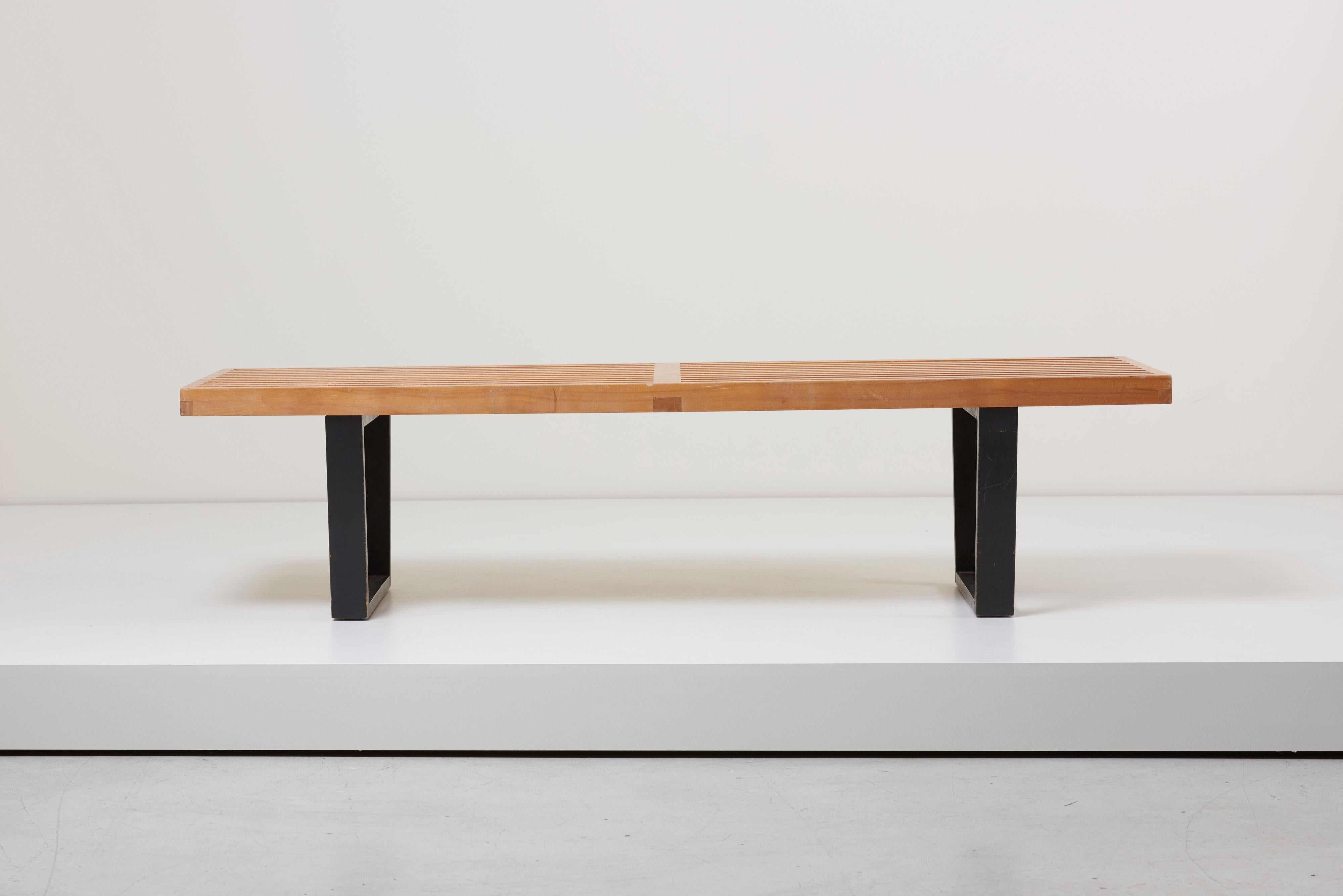 Clean lined modern bench, designed by George Nelson for Herman Miller. This slat bench is constructed from natural solid maple and black lacquered wood base. Retains warm original patina.



 