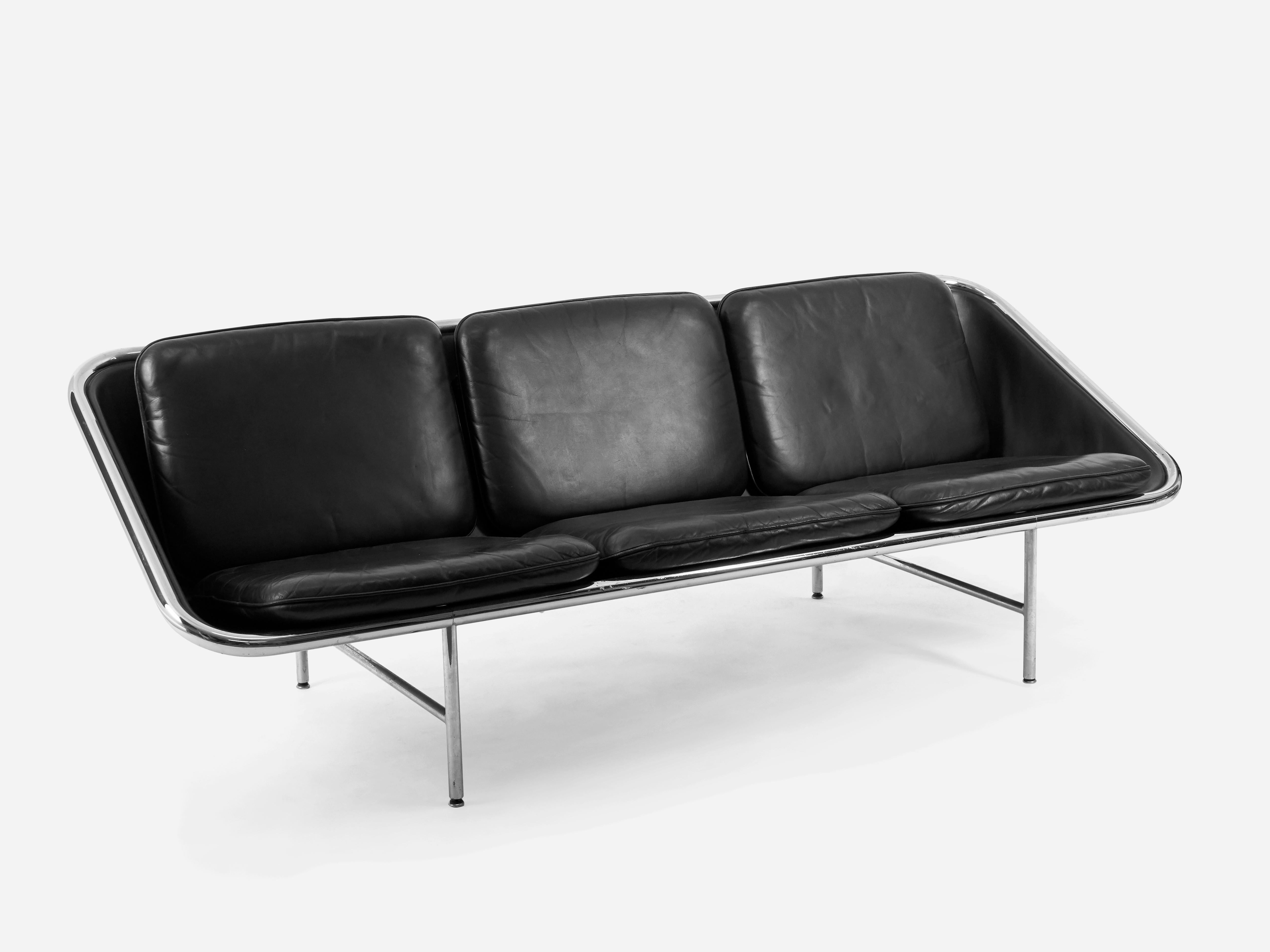 Sling sofa by George Nelson for Herman Miller. Black leather with chrome steel frame. Original leather cushions in great condition.